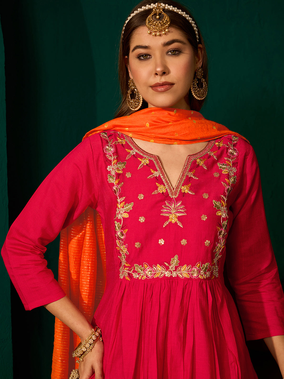 Red Silk Flared Anarkali Kurta Set