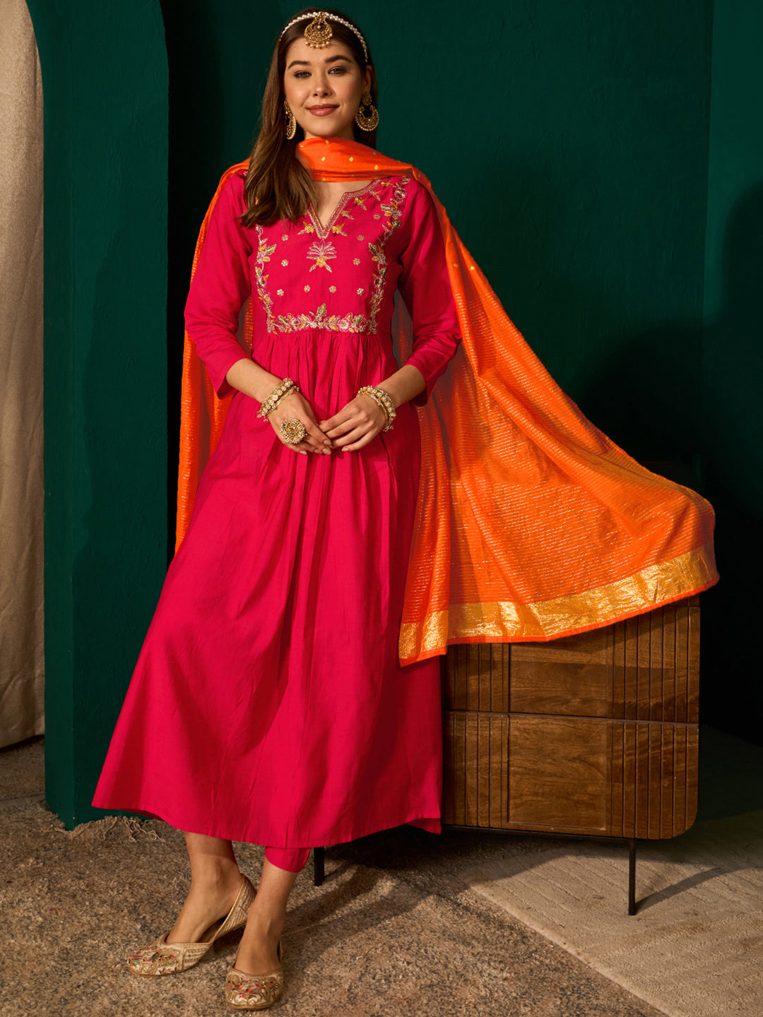 Red Silk Flared Anarkali Kurta Set