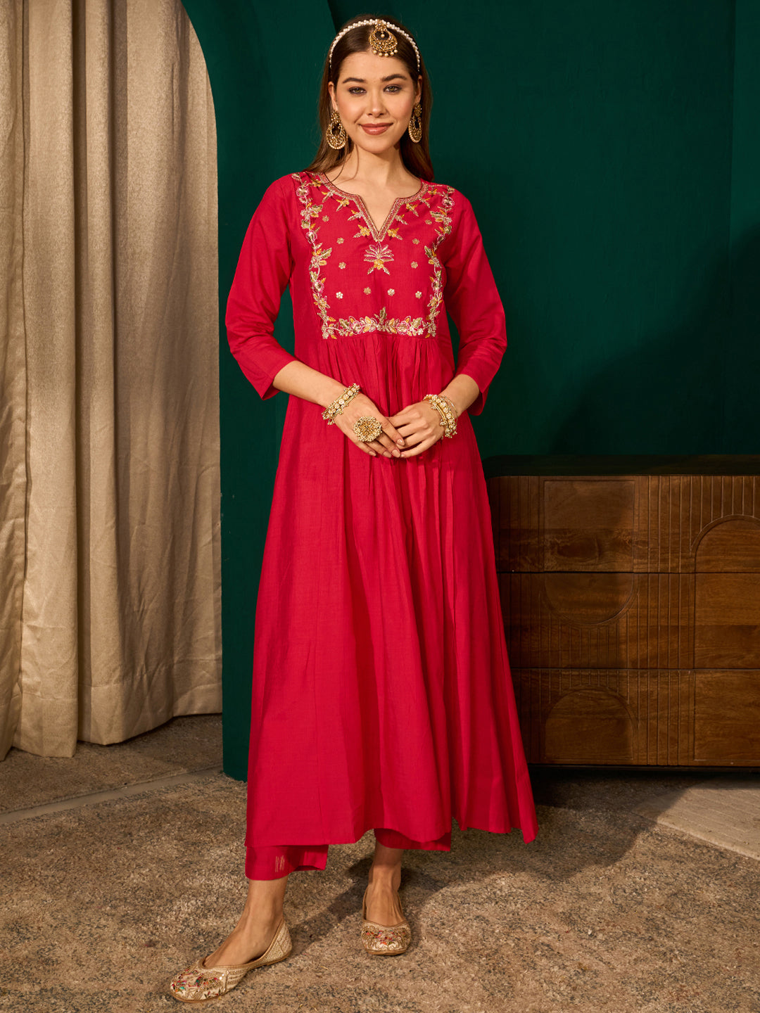 Red Silk Flared Anarkali Kurta Set