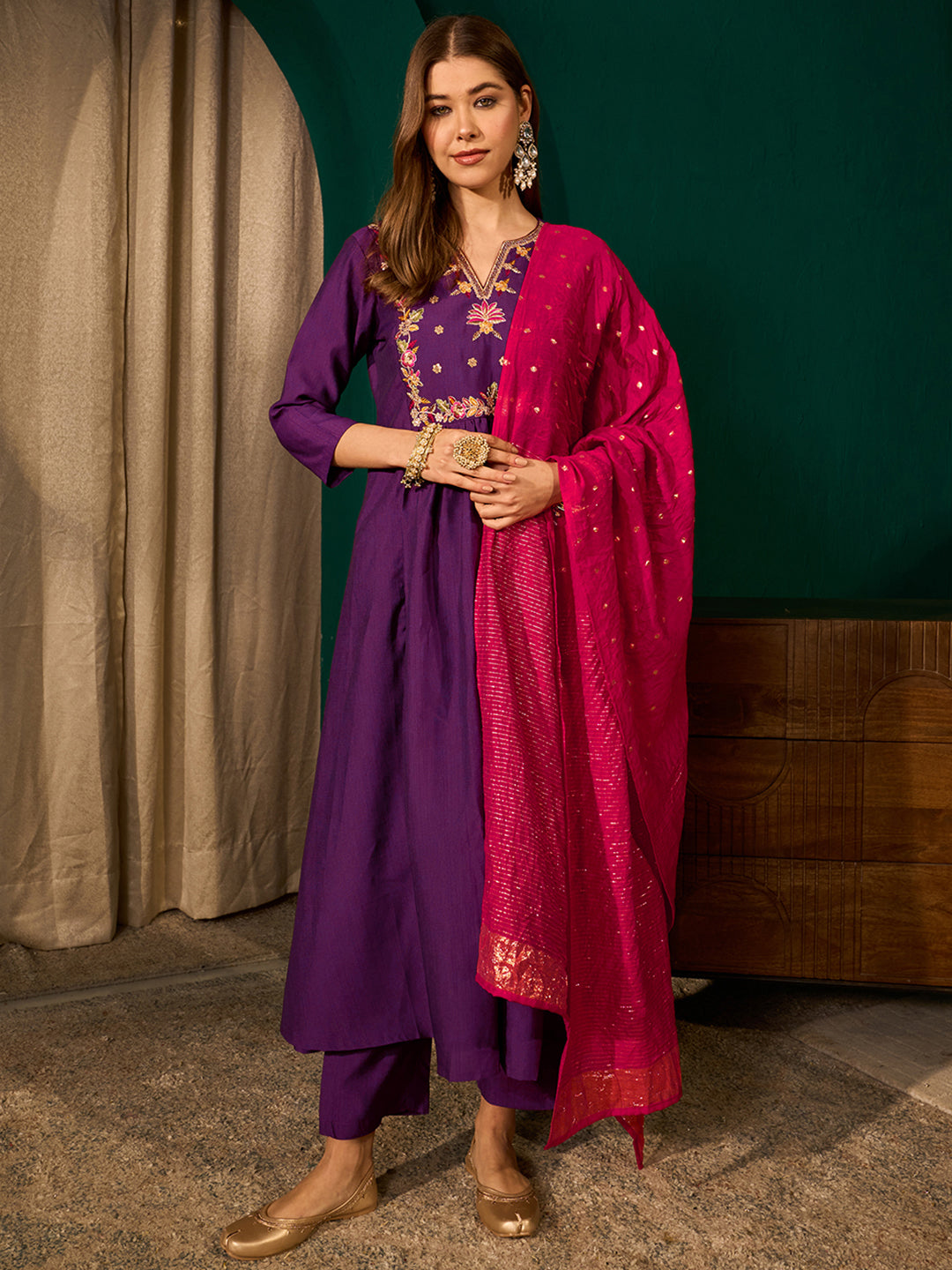 Violet Silk Flared Anarkali Kurta Set