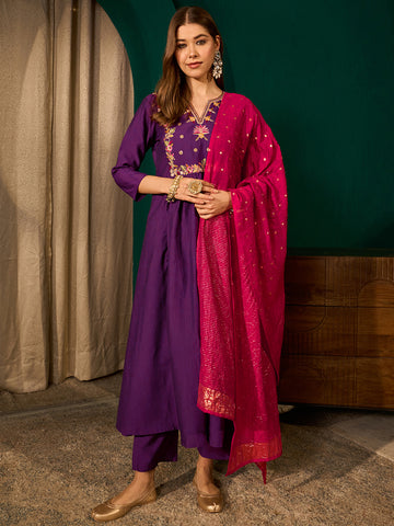 Violet Silk Flared Anarkali Kurta Set