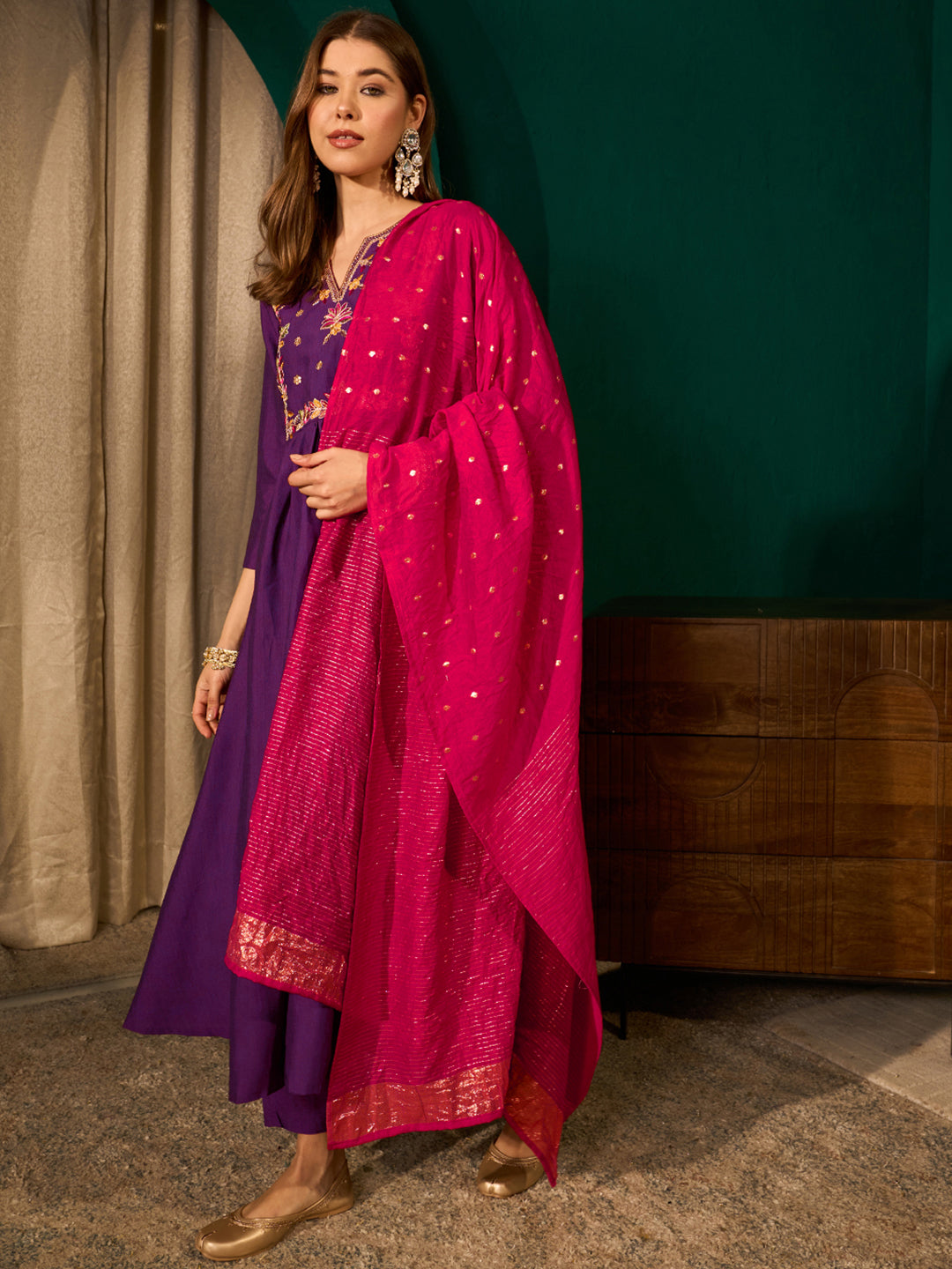Violet Silk Flared Anarkali Kurta Set