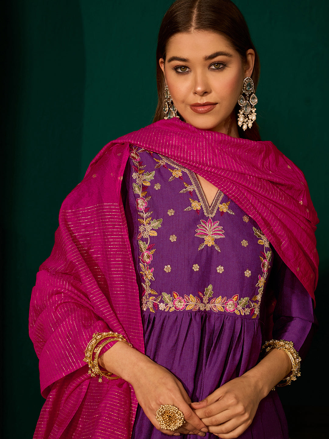 Violet Silk Flared Anarkali Kurta Set