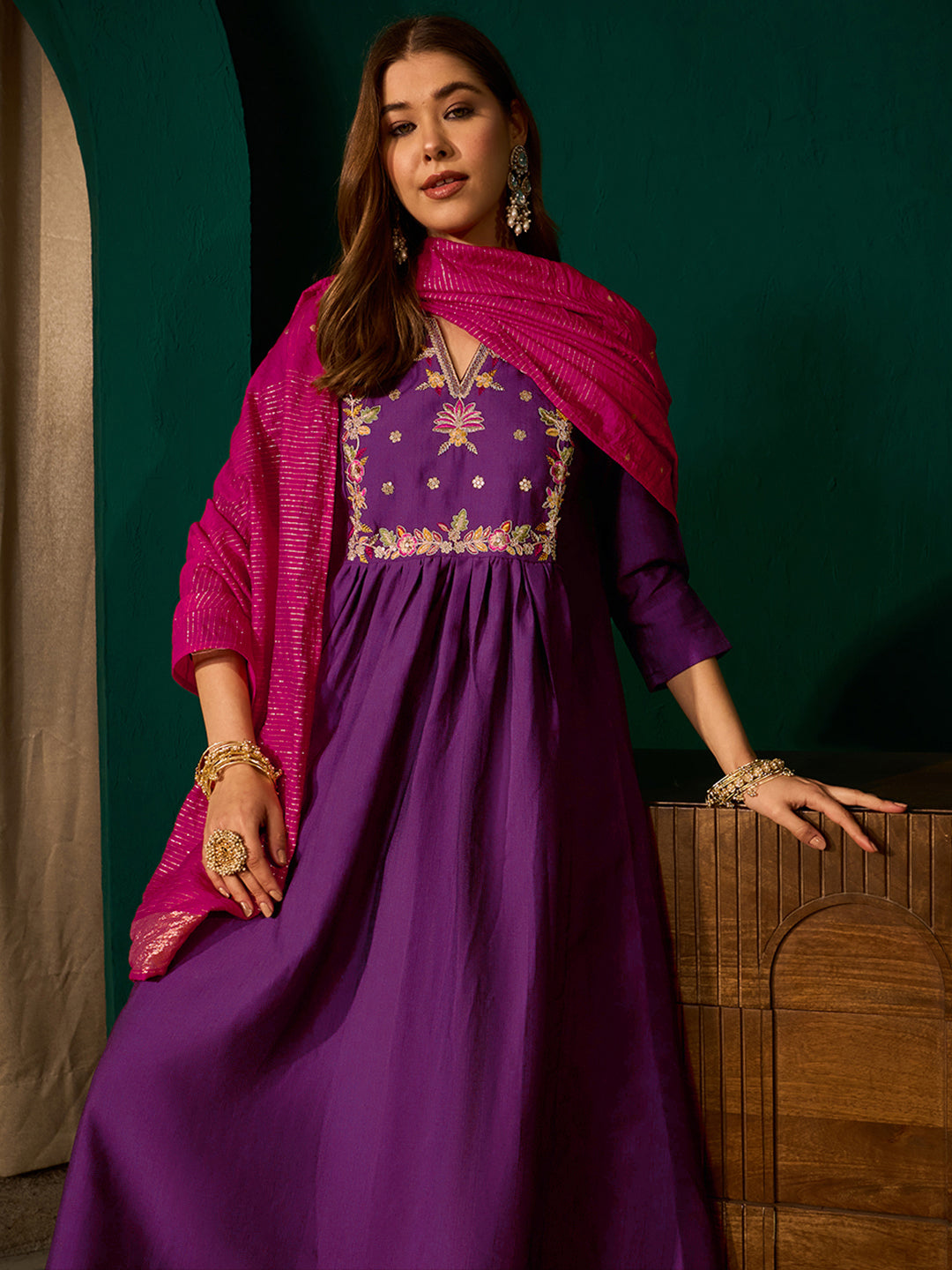 Violet Silk Flared Anarkali Kurta Set