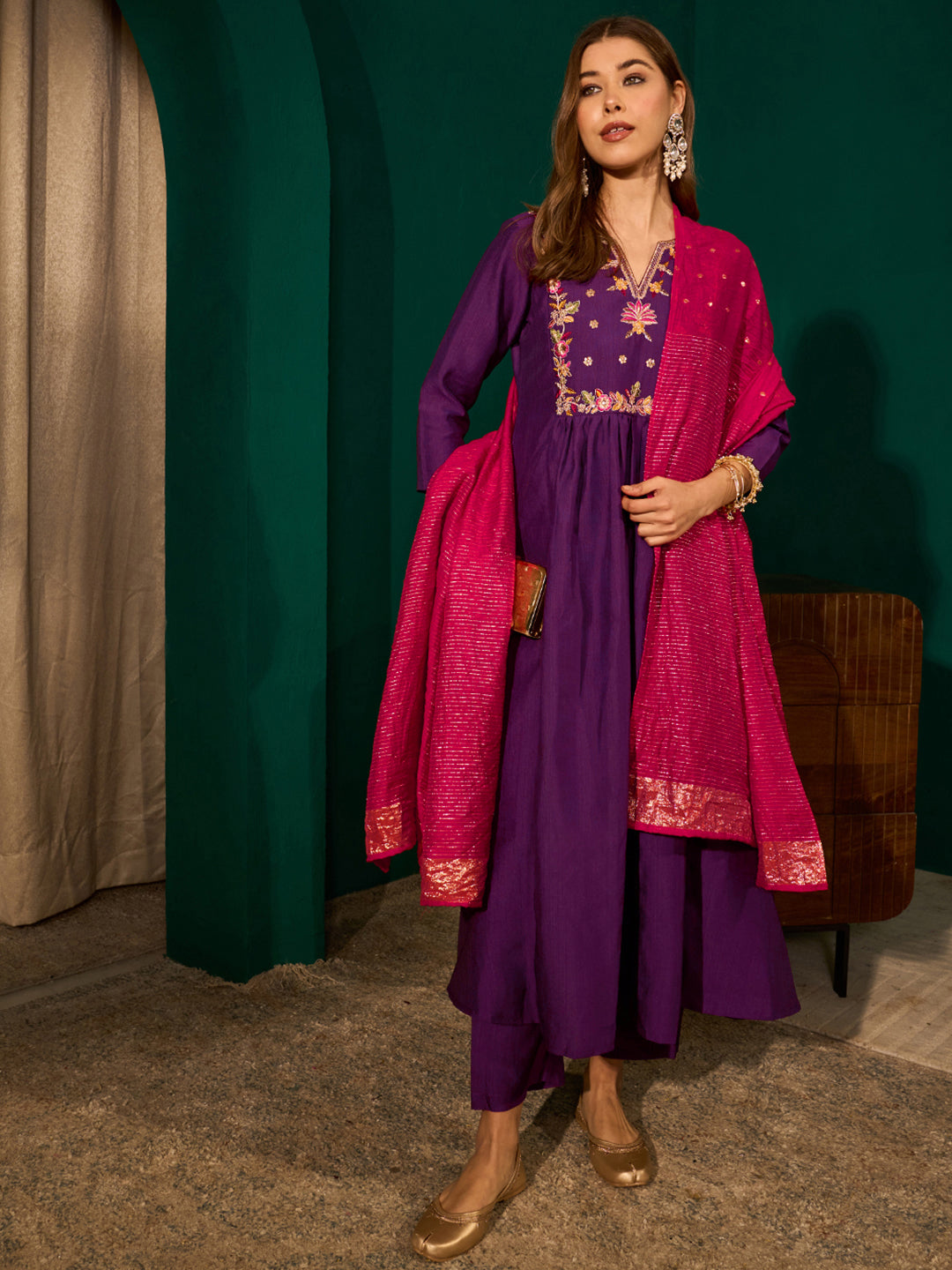 Violet Silk Flared Anarkali Kurta Set
