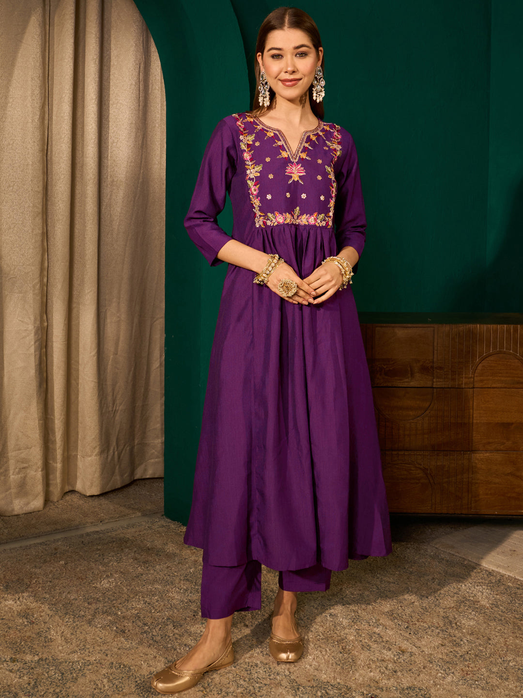 Violet Silk Flared Anarkali Kurta Set