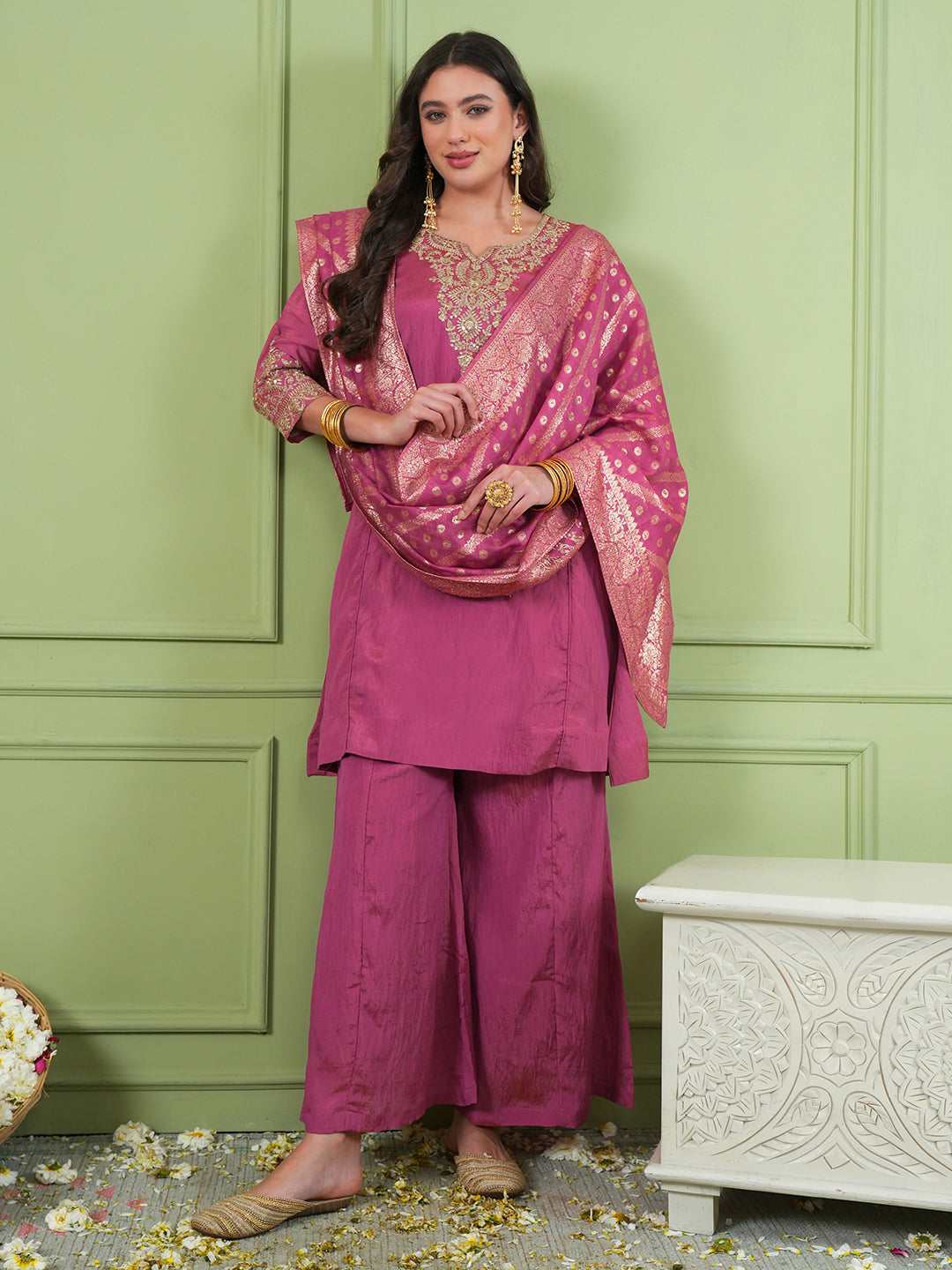 Gajari Pink Silk Embroidered Kurta Palazzo Set