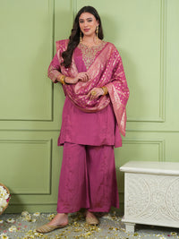 Gajari Pink Silk Embroidered Kurta Palazzo Set