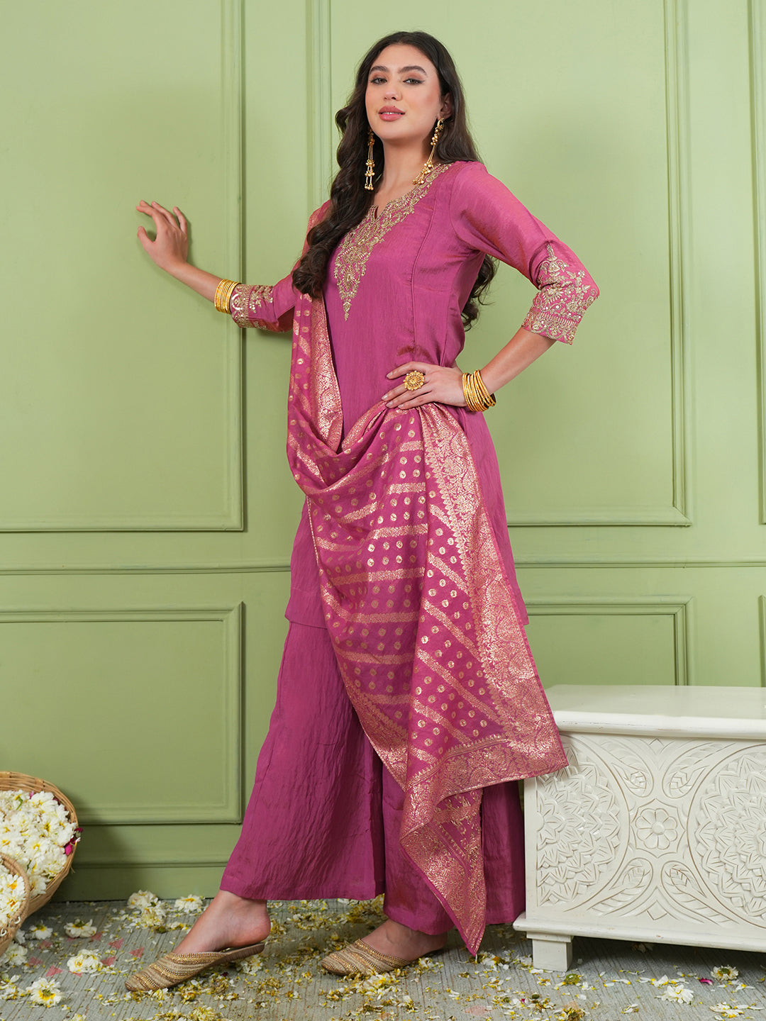 Gajari Pink Silk Embroidered Kurta Palazzo Set