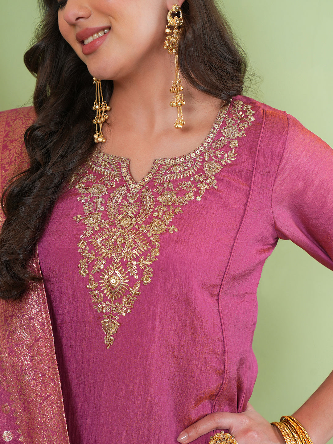 Gajari Pink Silk Embroidered Kurta Palazzo Set