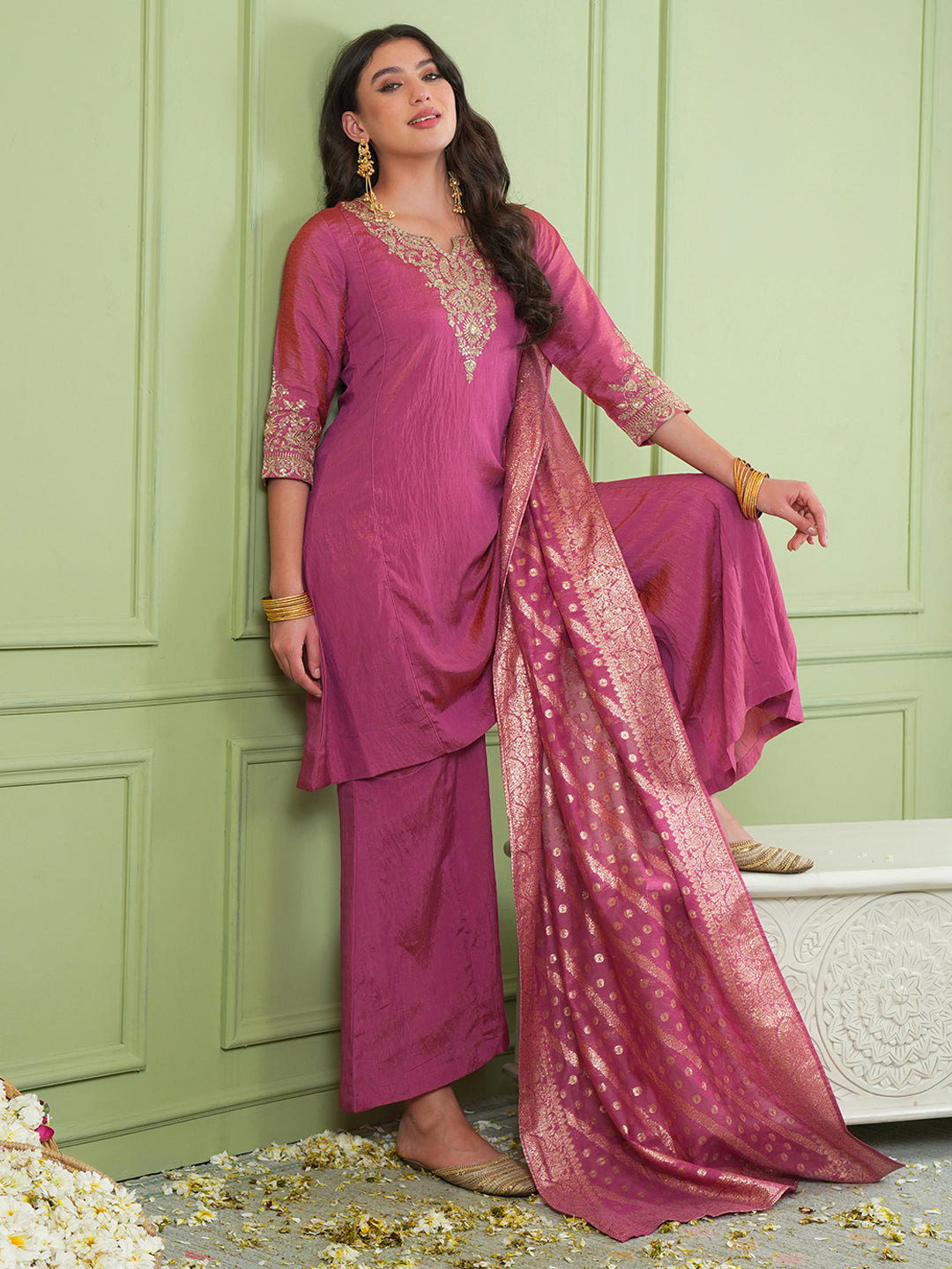 Gajari Pink Silk Embroidered Kurta Palazzo Set