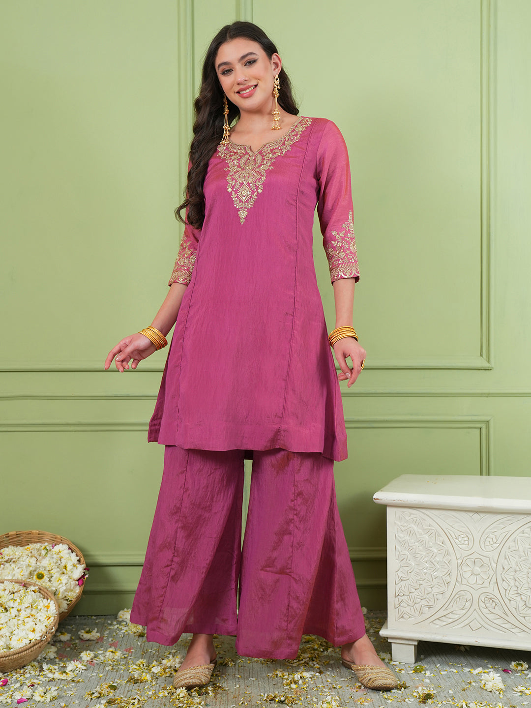 Gajari Pink Silk Embroidered Sharara Suit Set