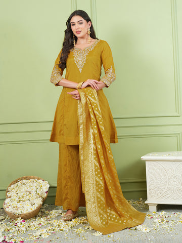 Mustard Yellow Silk Embroidered Kurta Palazzo Set
