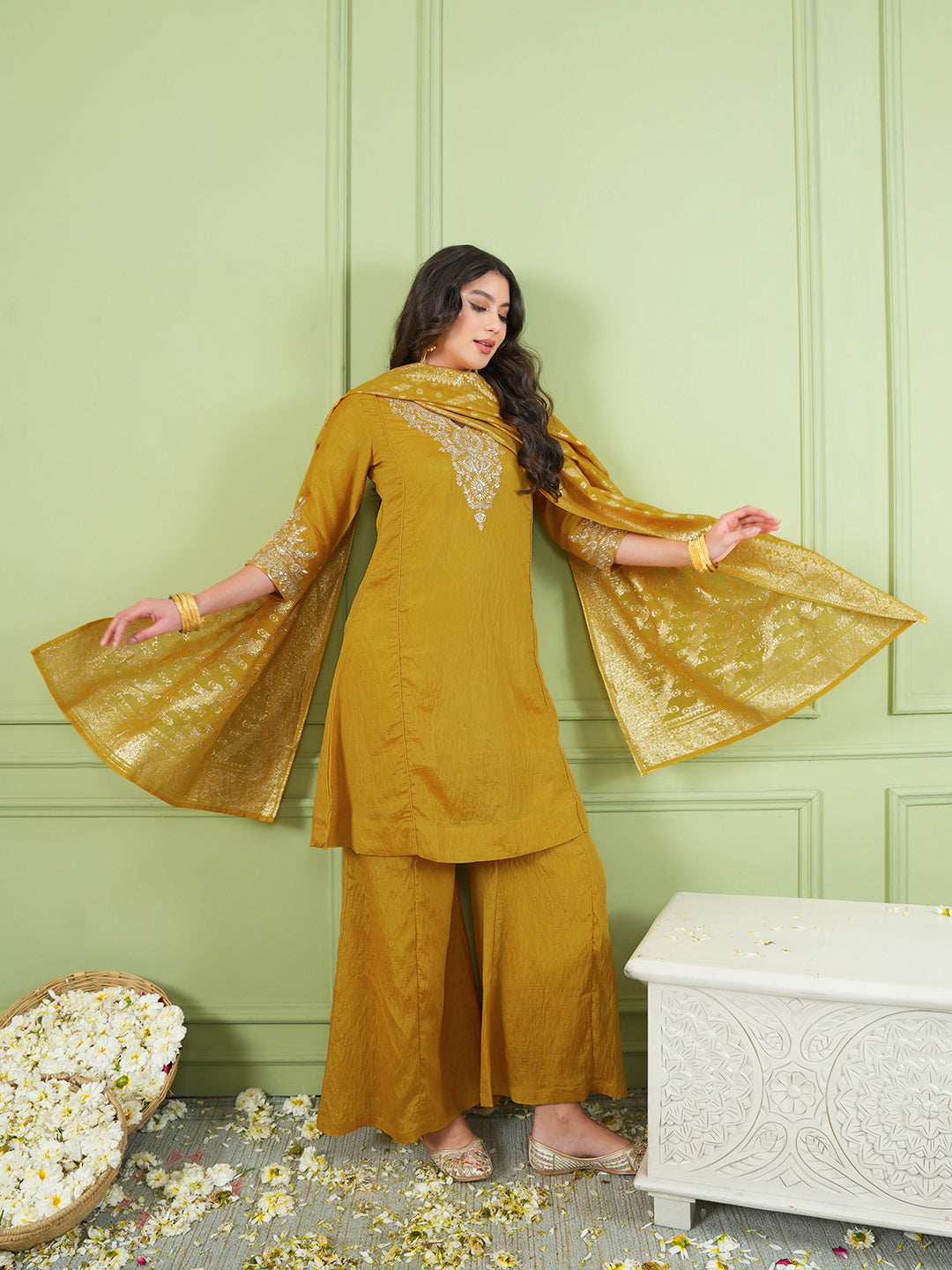 Mustard Yellow Silk Embroidered Kurta Palazzo Set