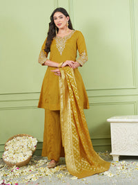 Mustard Yellow Silk Embroidered Kurta Palazzo Set