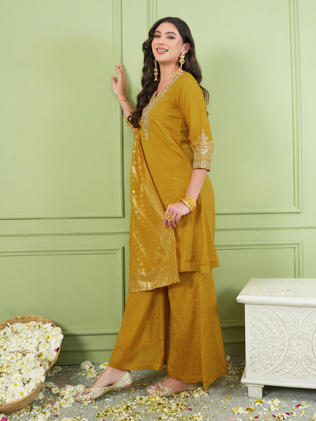 Mustard Yellow Silk Embroidered Kurta Palazzo Set