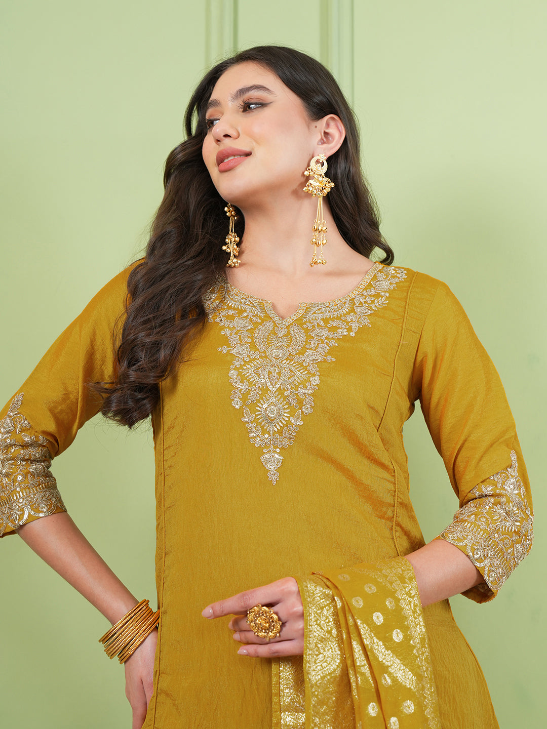 Mustard Yellow Silk Embroidered Kurta Palazzo Set
