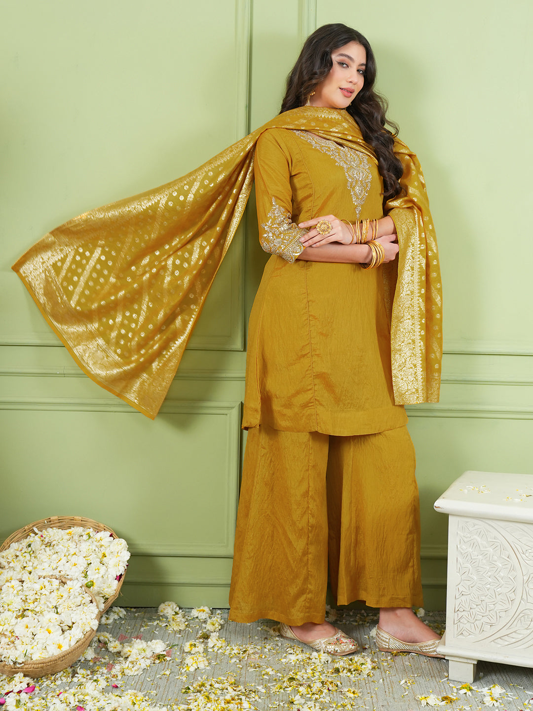 Mustard Yellow Silk Embroidered Kurta Palazzo Set