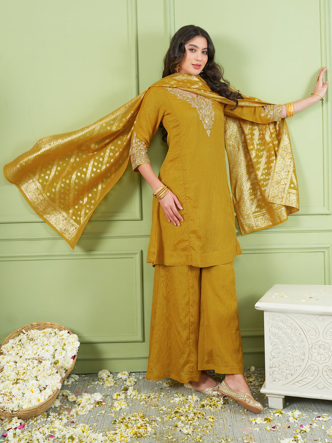 Mustard Yellow Silk Embroidered Kurta Palazzo Set