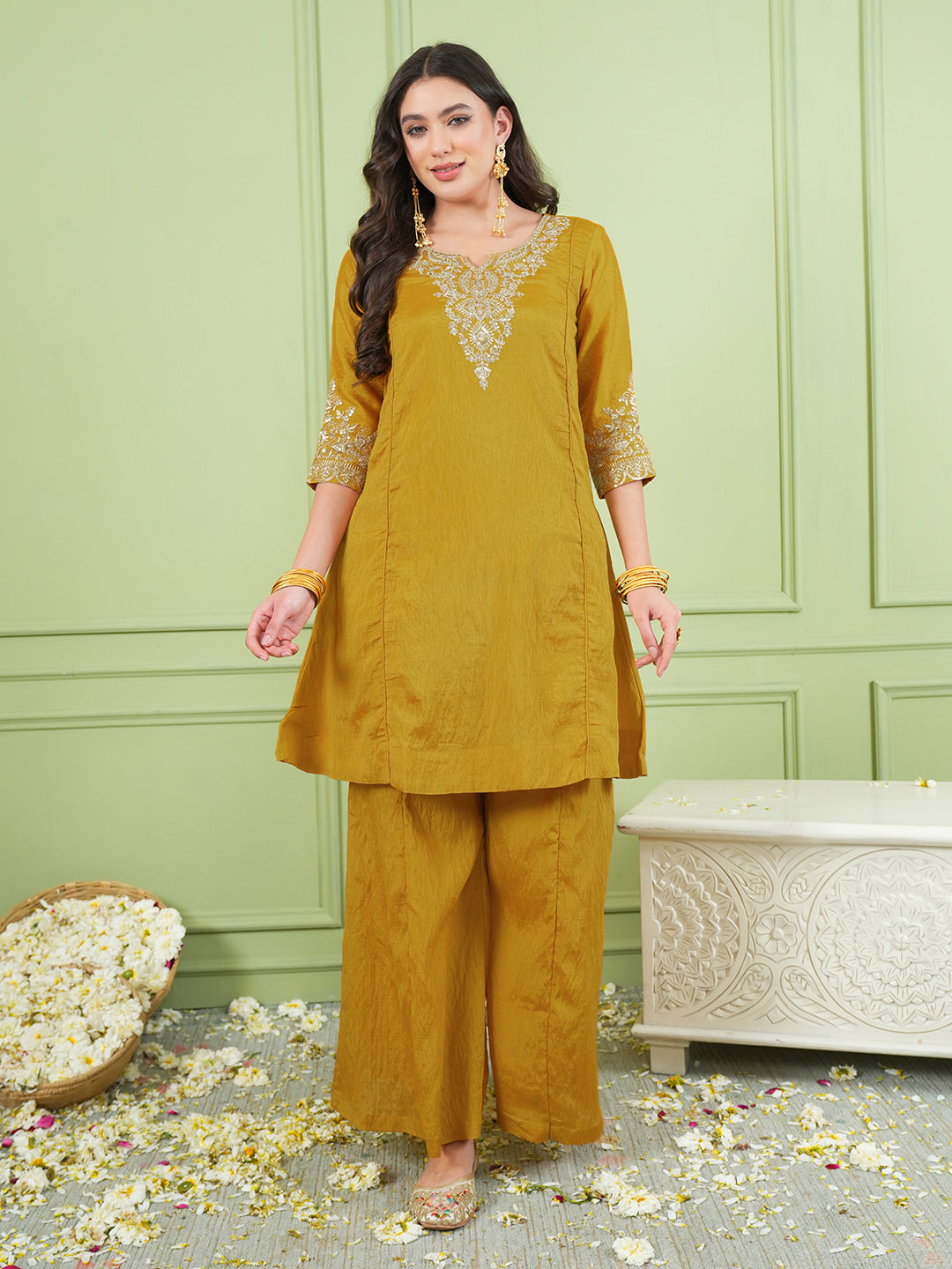 Mustard Yellow Silk Embroidered Sharara Suit Set