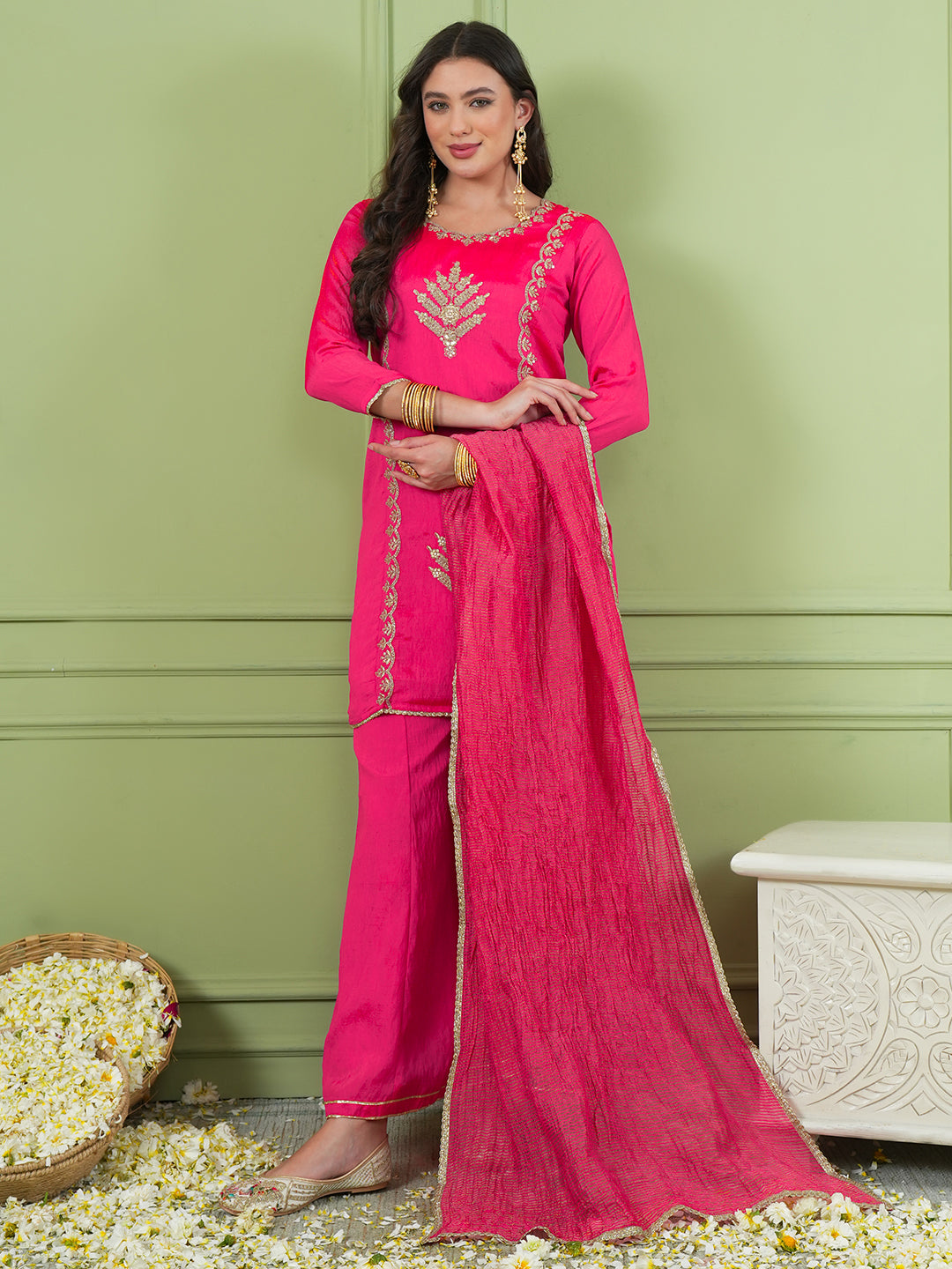 Deep Gajari Silk Embroidered Kurta Palazzo Set