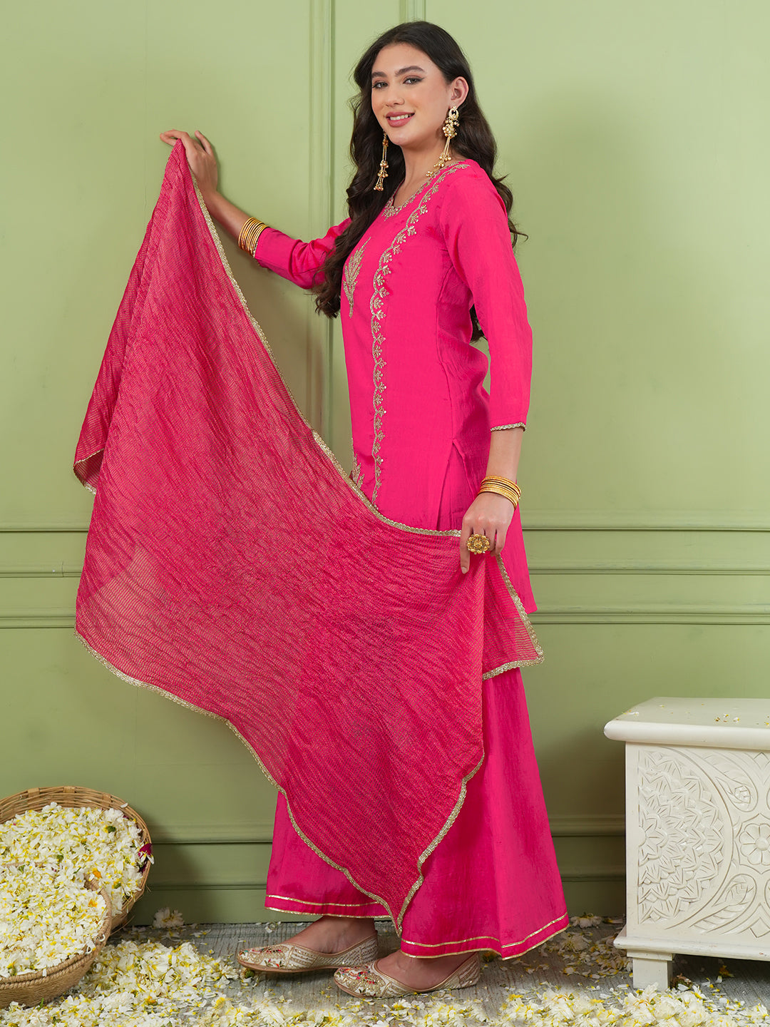 Deep Gajari Silk Embroidered Kurta Palazzo Set