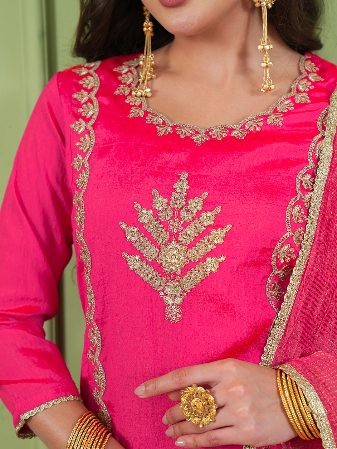 Deep Gajari Silk Embroidered Kurta Palazzo Set