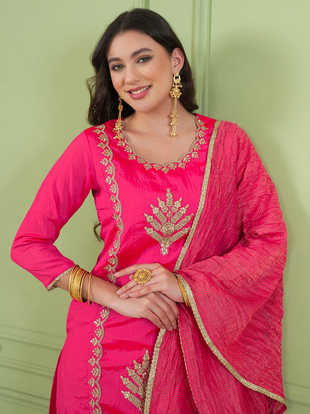 Deep Gajari Silk Embroidered Kurta Palazzo Set