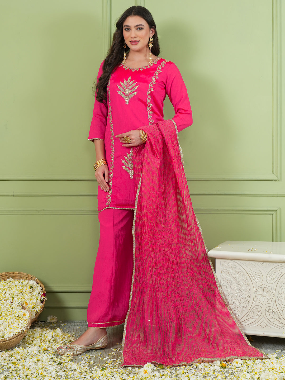 Deep Gajari Silk Embroidered Sharara Suit Set