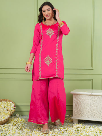 Deep Gajari Silk Embroidered Kurta Palazzo Set