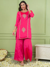 Deep Gajari Silk Embroidered Kurta Palazzo Set
