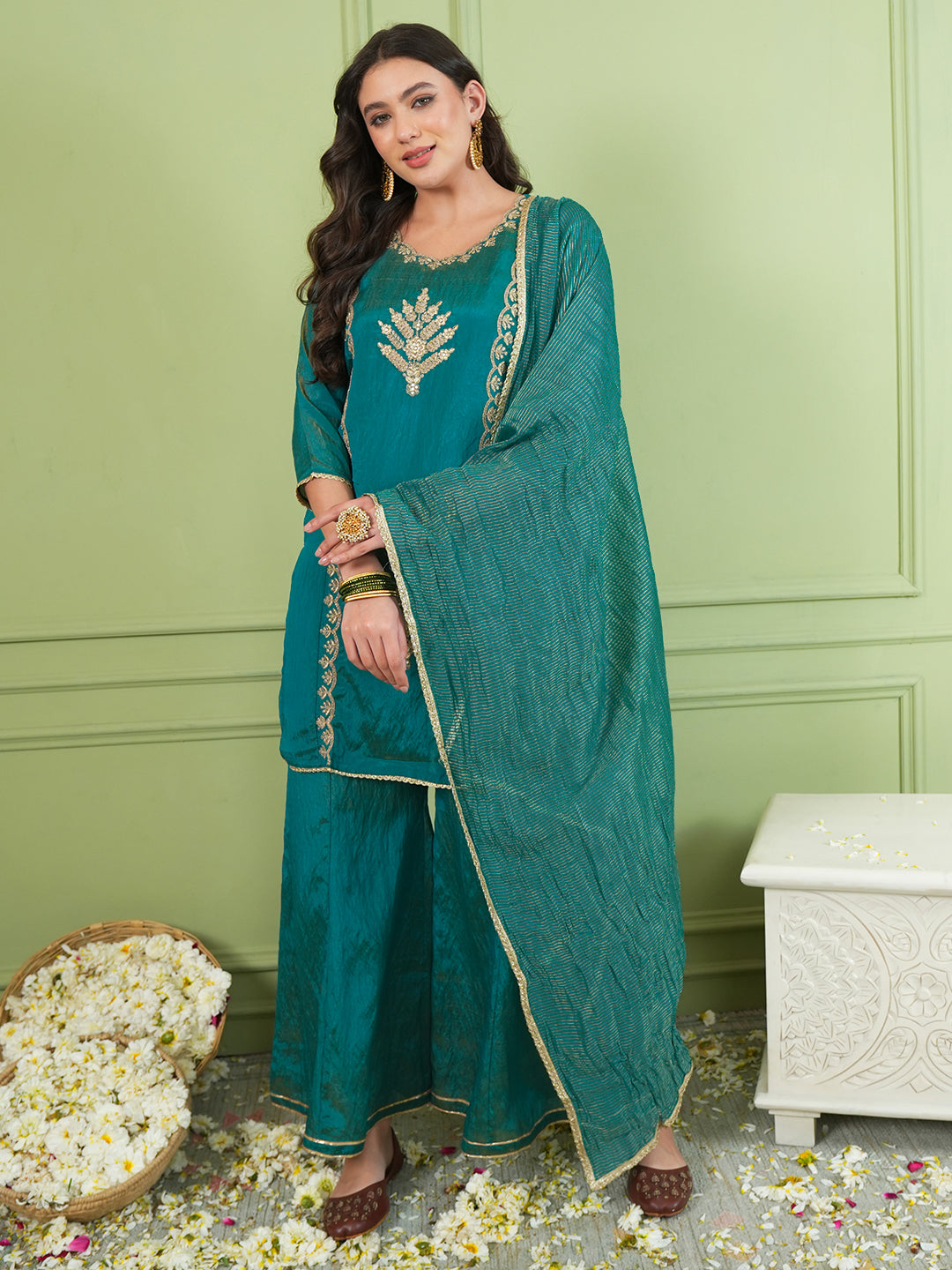 Rama Green Silk Embroidered Kurta Palazzo Set