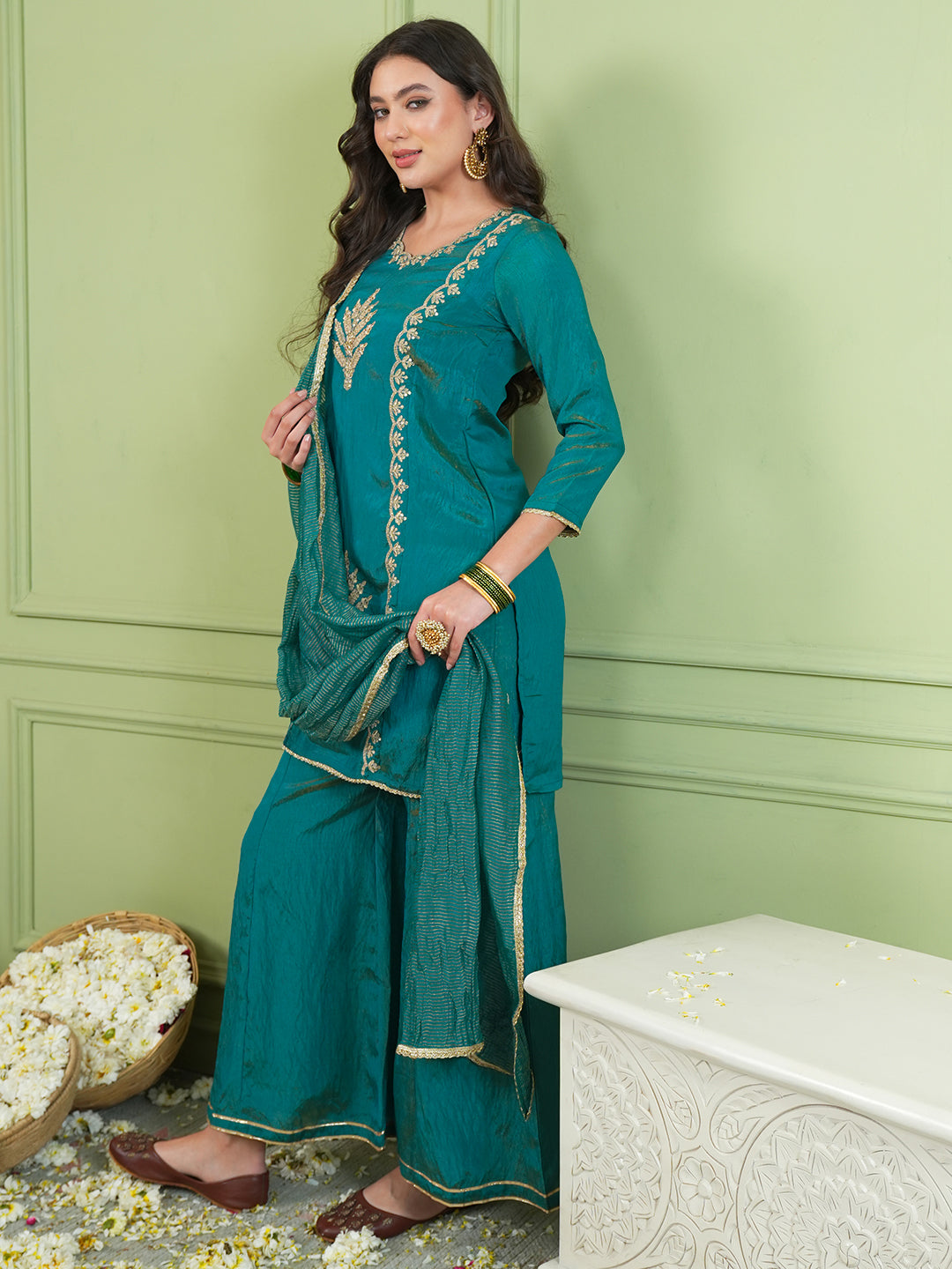 Rama Green Silk Embroidered Kurta Palazzo Set