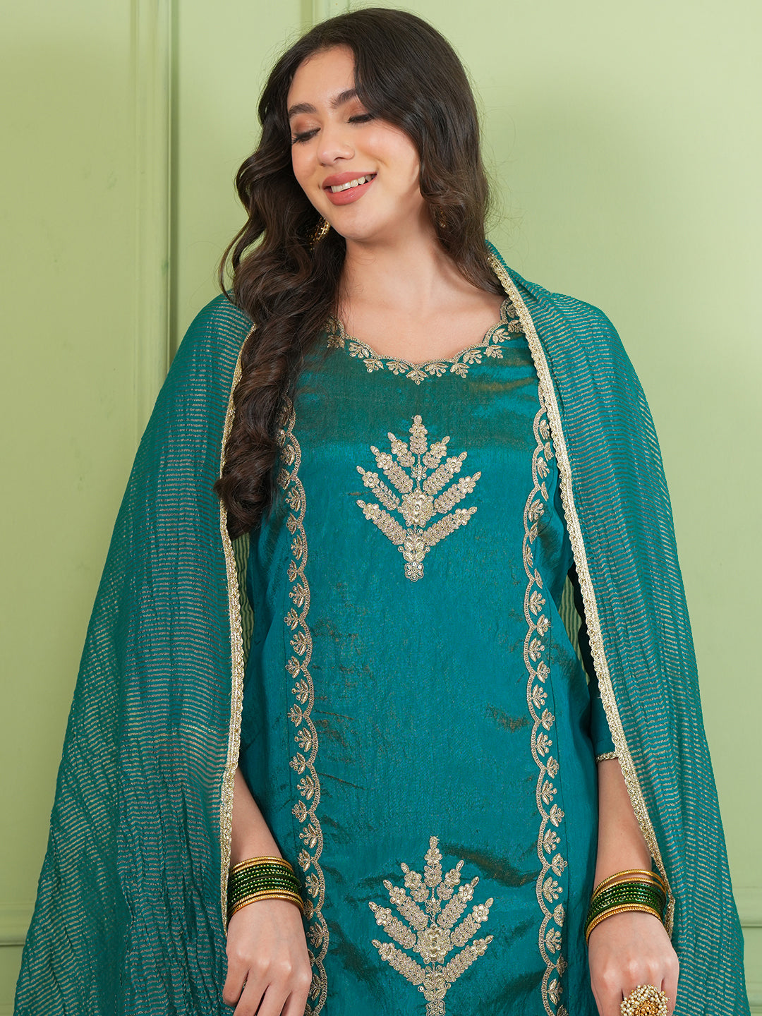 Rama Green Silk Embroidered Kurta Palazzo Set