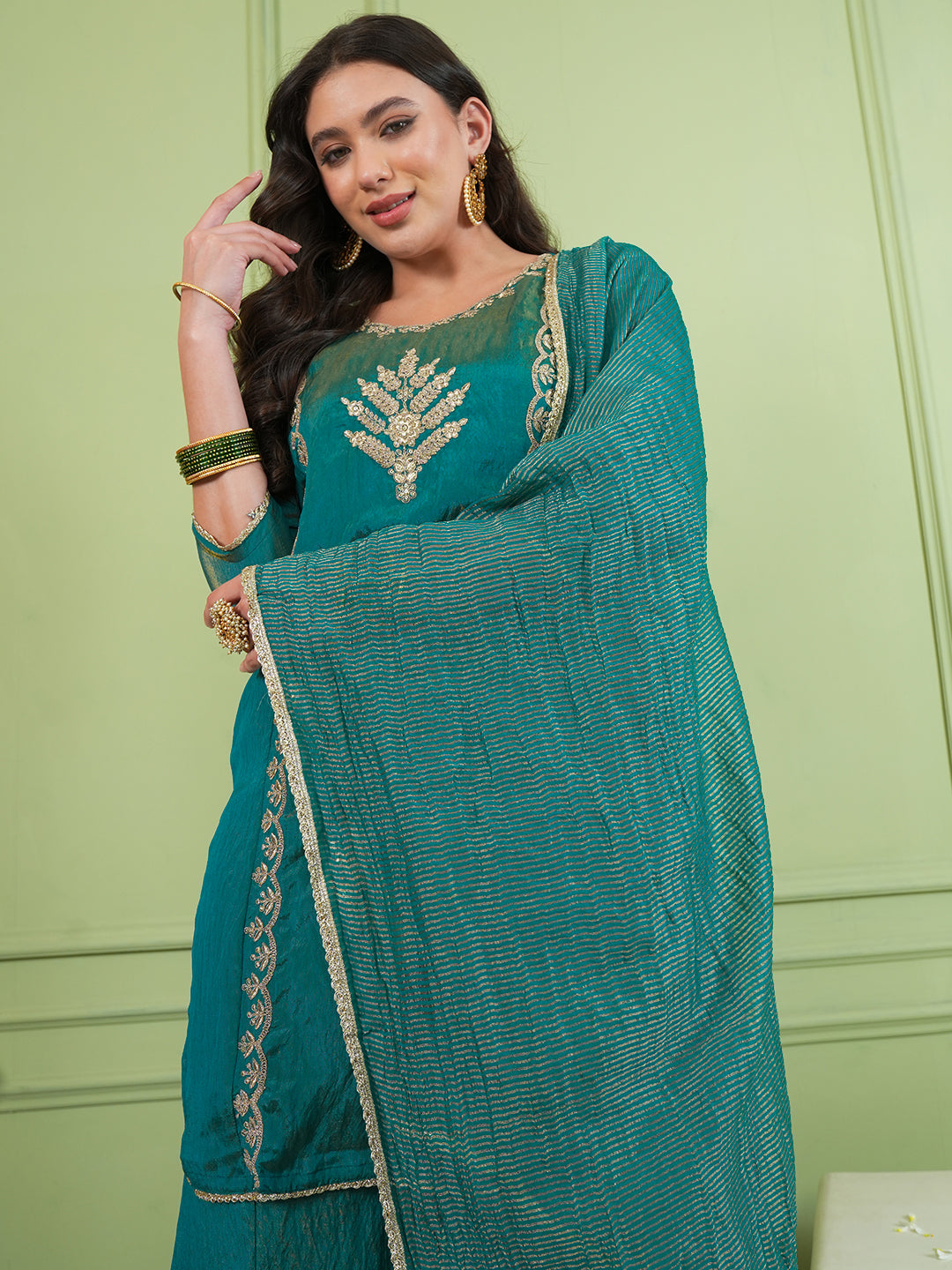 Rama Green Silk Embroidered Kurta Palazzo Set