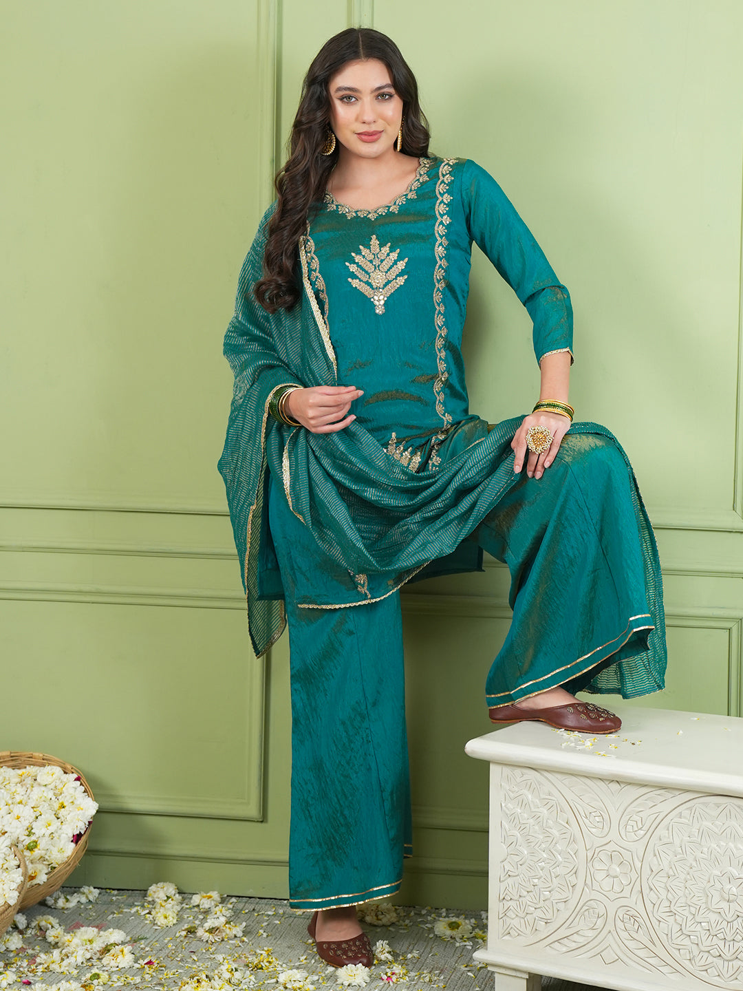Rama Green Silk Embroidered Kurta Palazzo Set