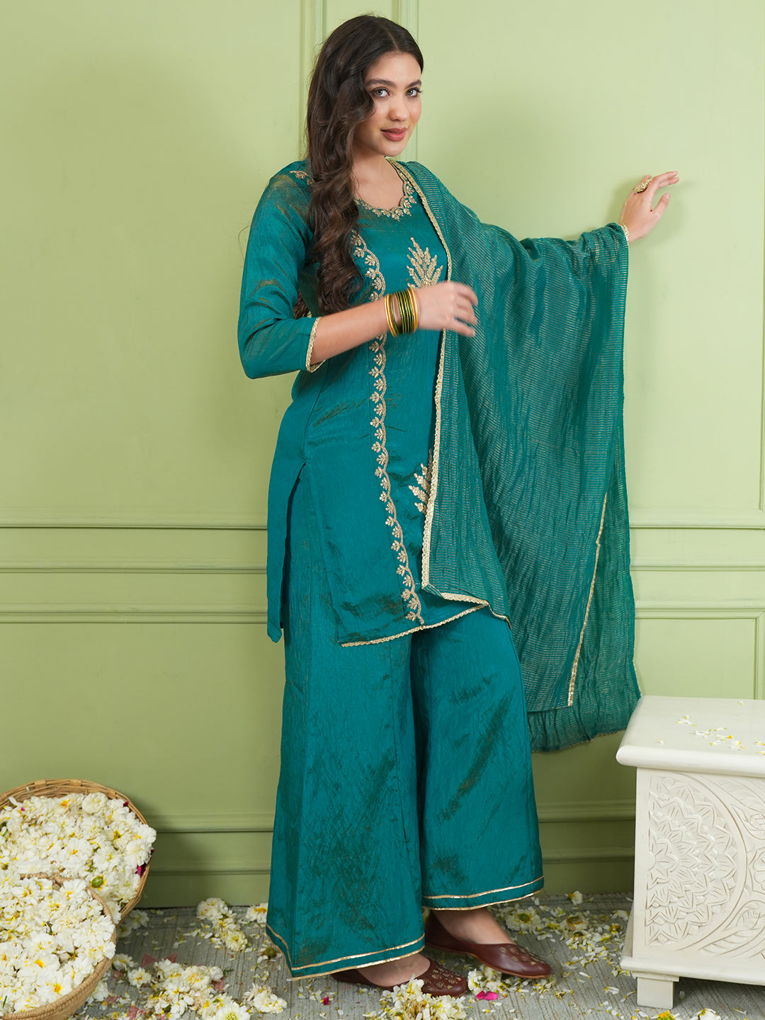 Rama Green Silk Embroidered Sharara Suit Set