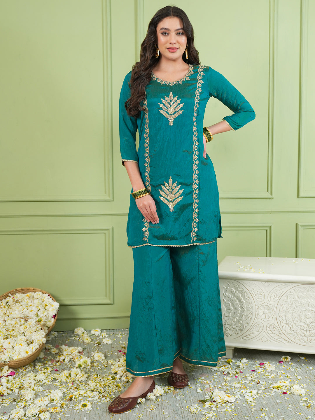 Rama Green Silk Embroidered Kurta Palazzo Set