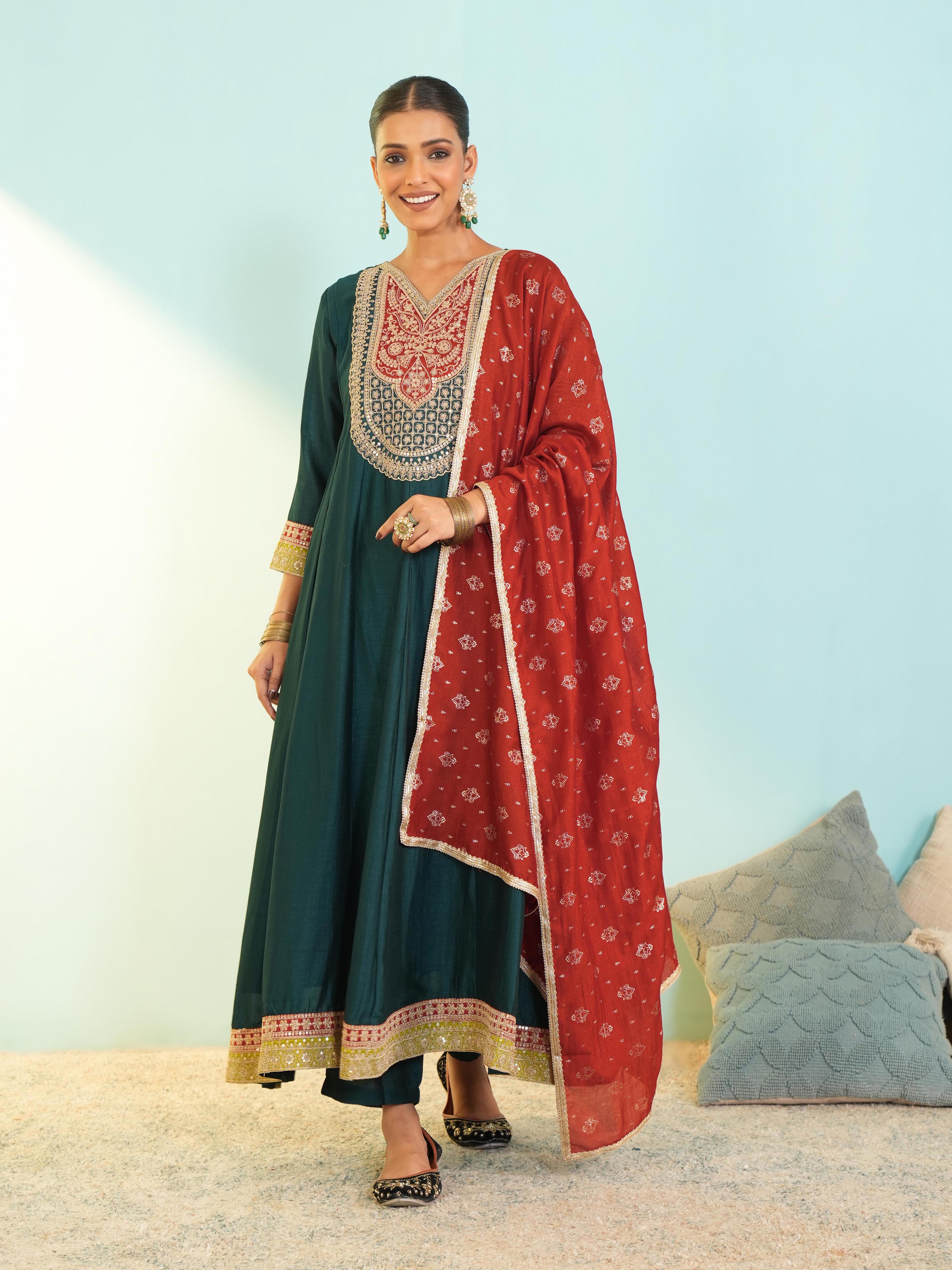 Rama Green Silk Flared Anarkali Kurta Set
