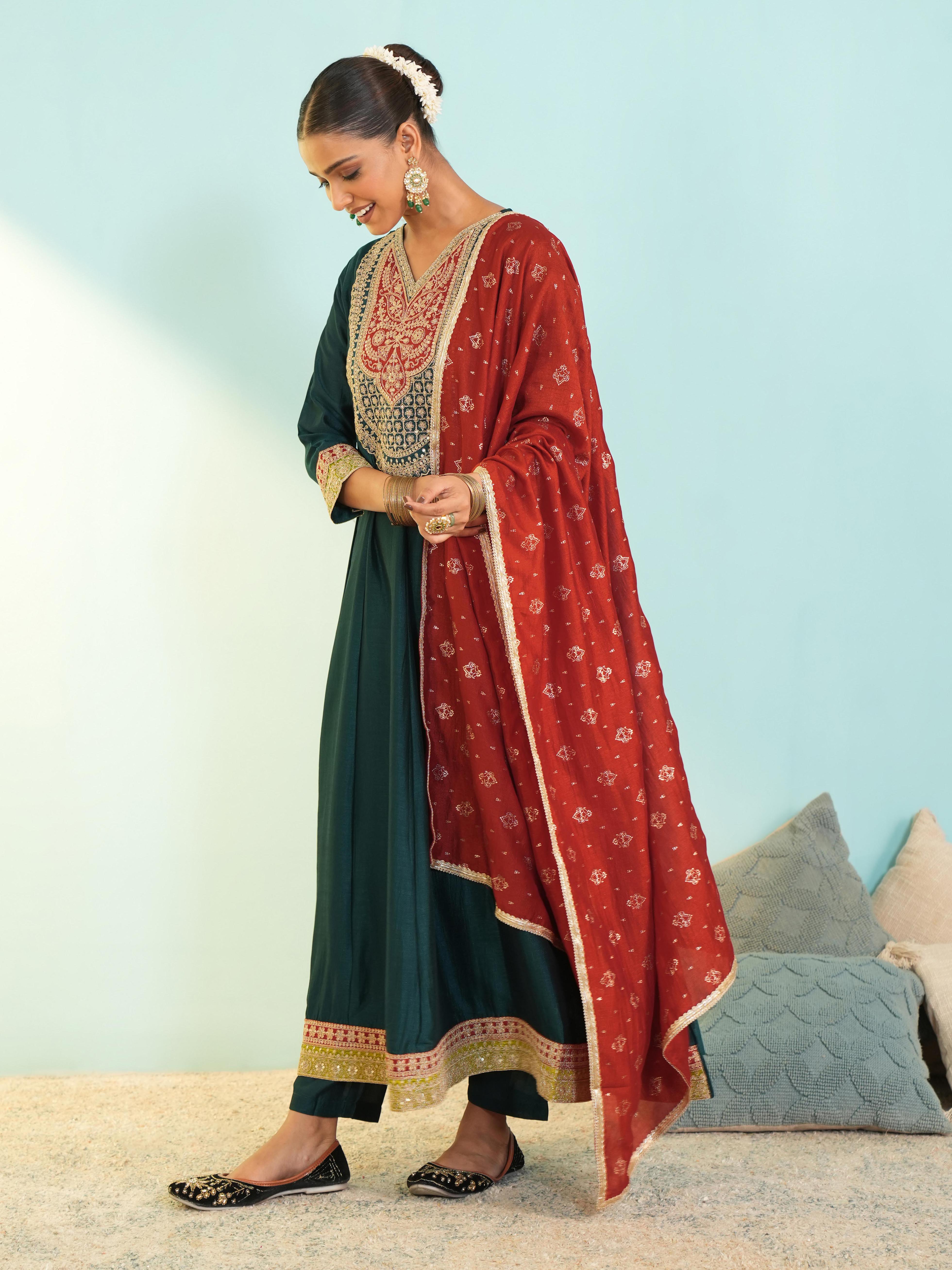 Rama Green Silk Flared Anarkali Kurta Set