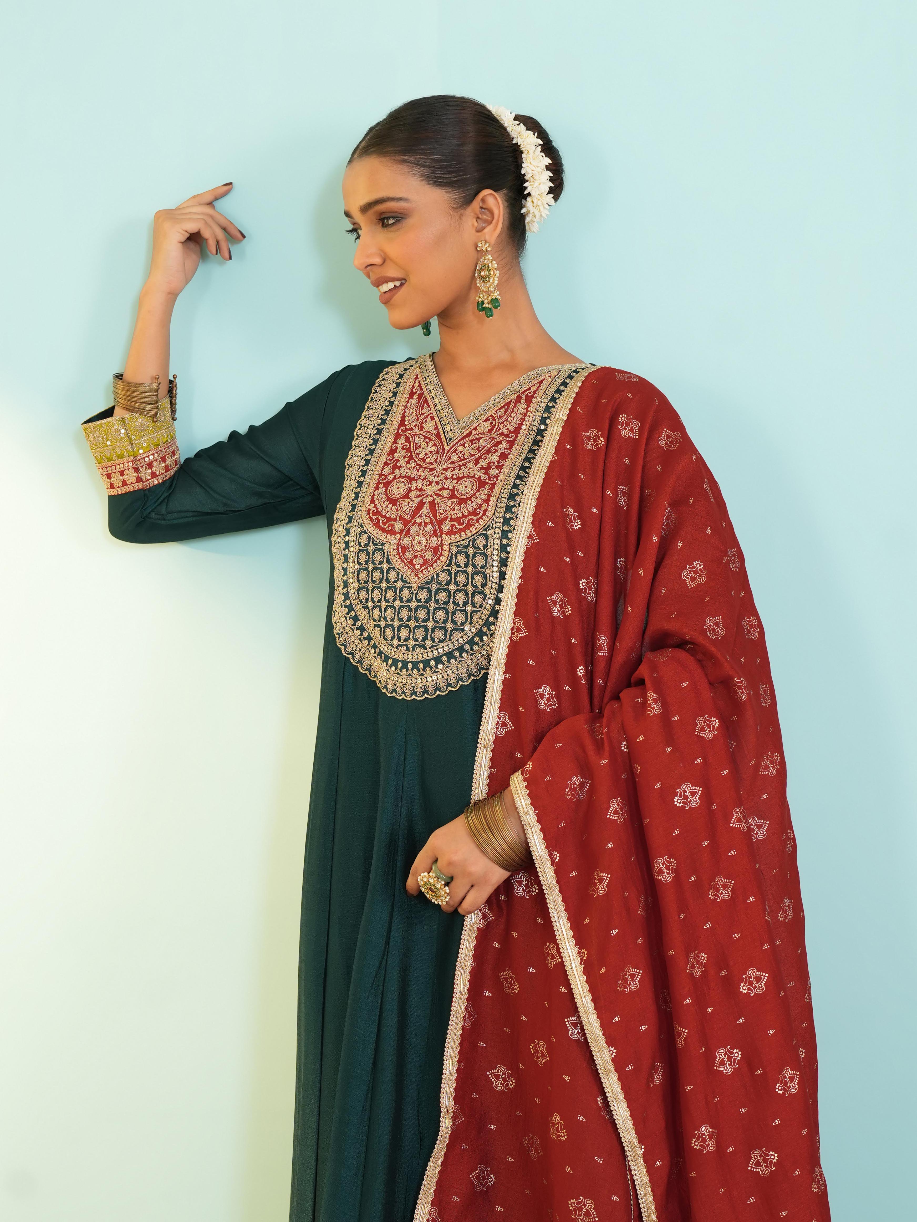 Rama Green Silk Flared Anarkali Kurta Set