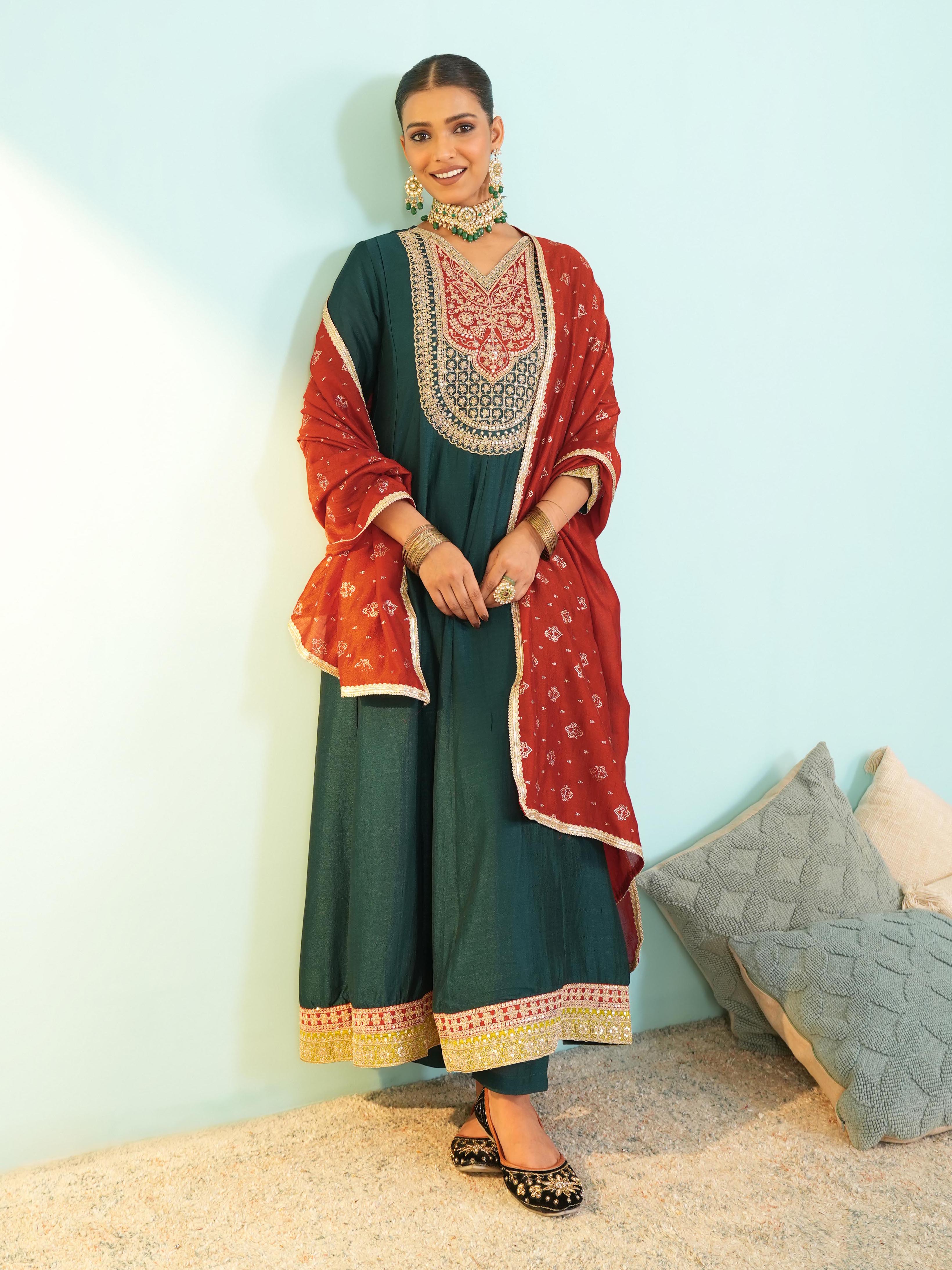 Rama Green Silk Flared Anarkali Kurta Set