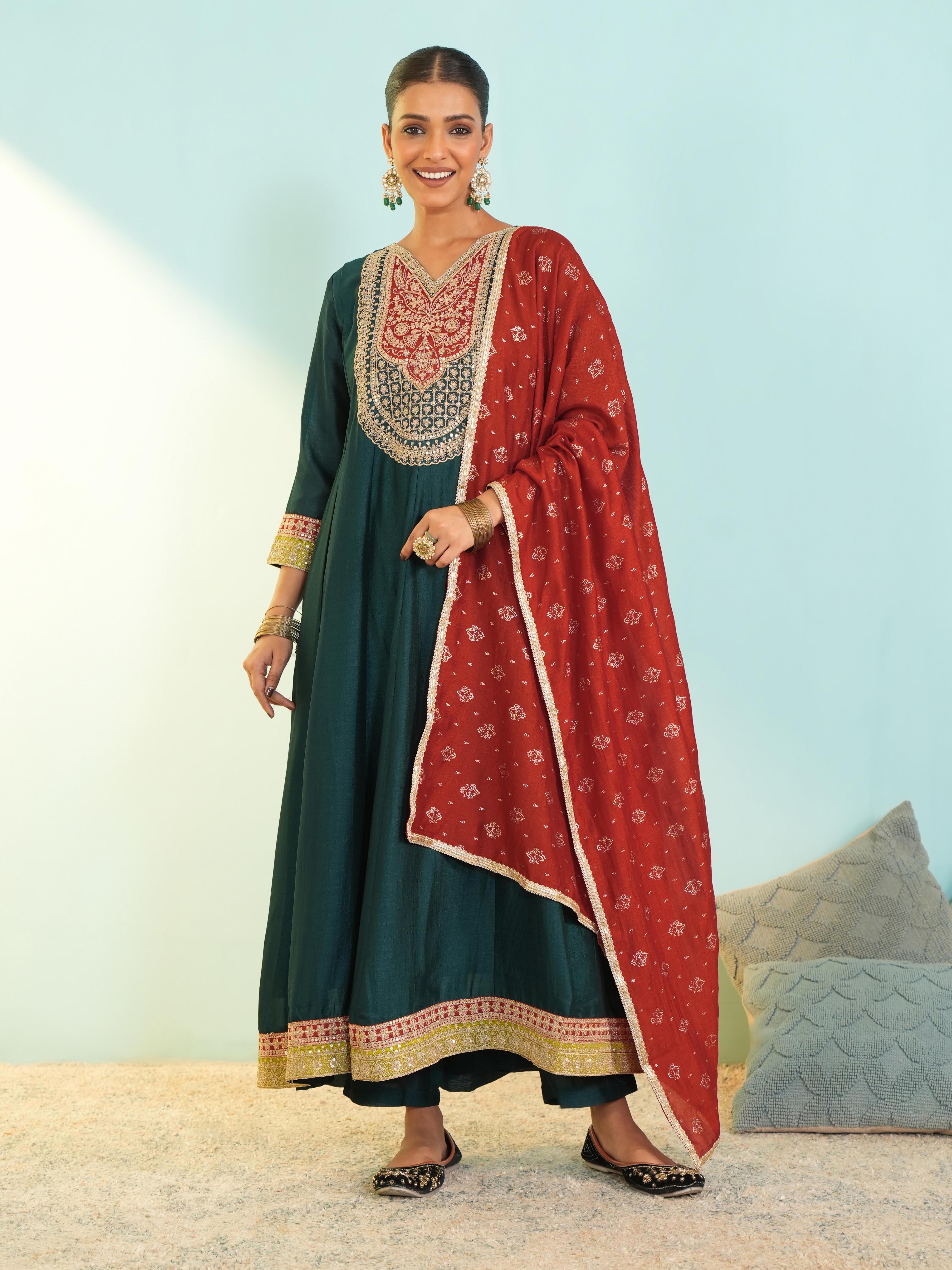 Rama Green Silk Flared Anarkali Kurta Set