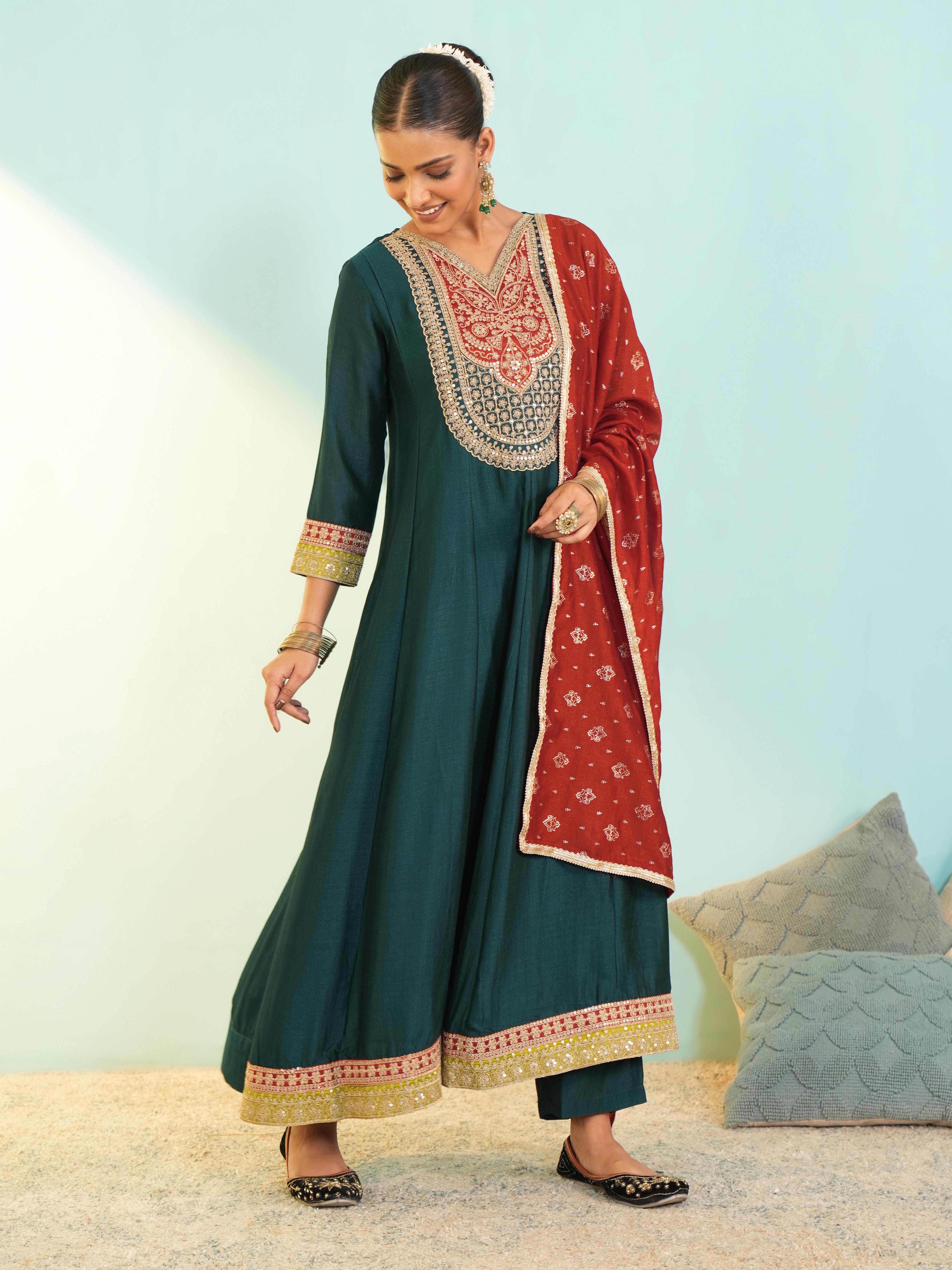 Rama Green Silk Flared Anarkali Kurta Set