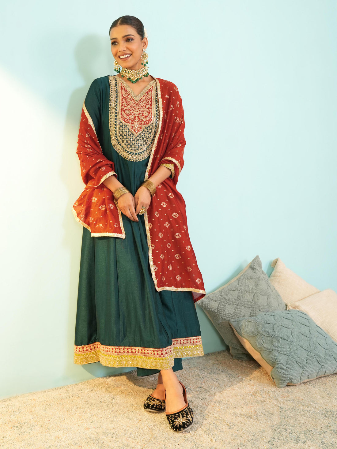 Rama Green Silk Flared Anarkali Kurta Set