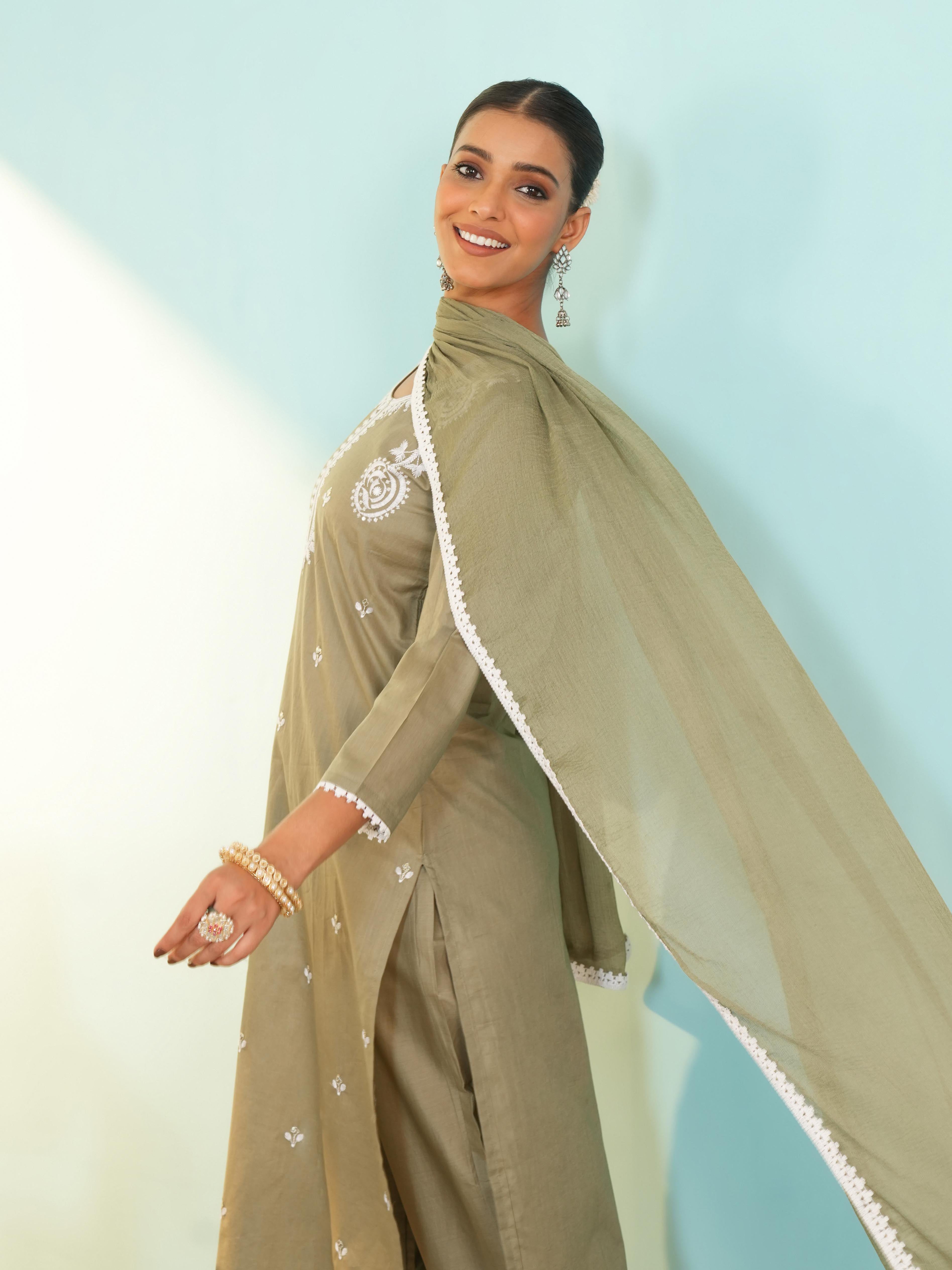 Dusty Pista Green Cotton Embroidered Kurta Set