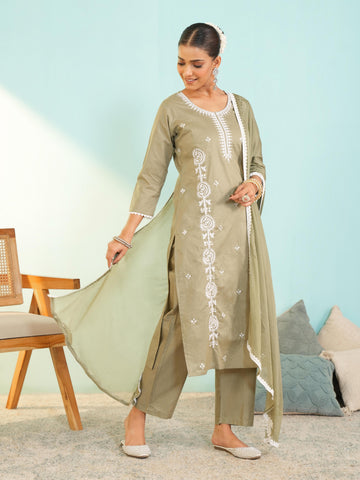 Dusty Pista Green Cotton Embroidered Kurta Set