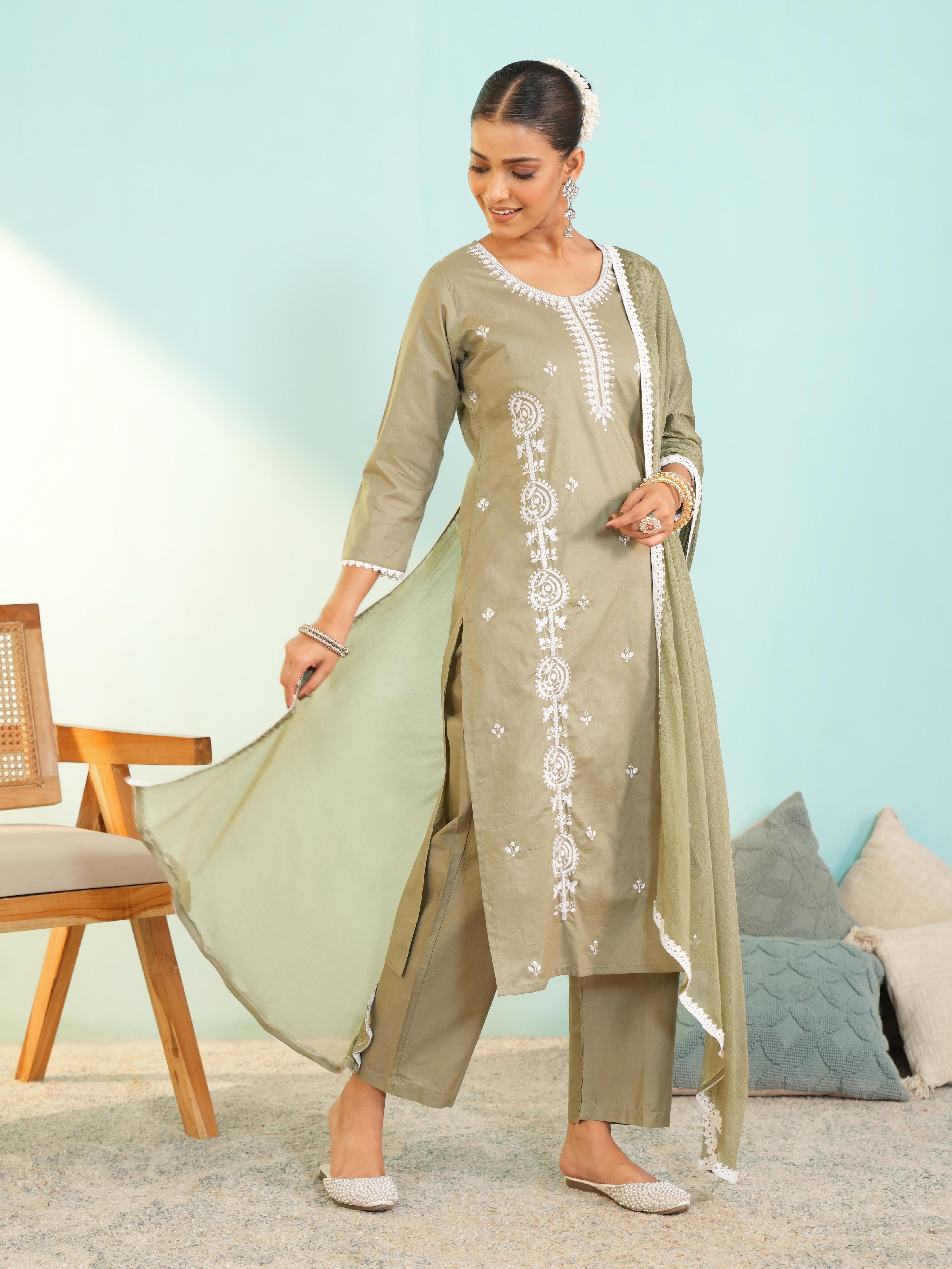 Dusty Pista Green Cotton Embroidered Kurta Set