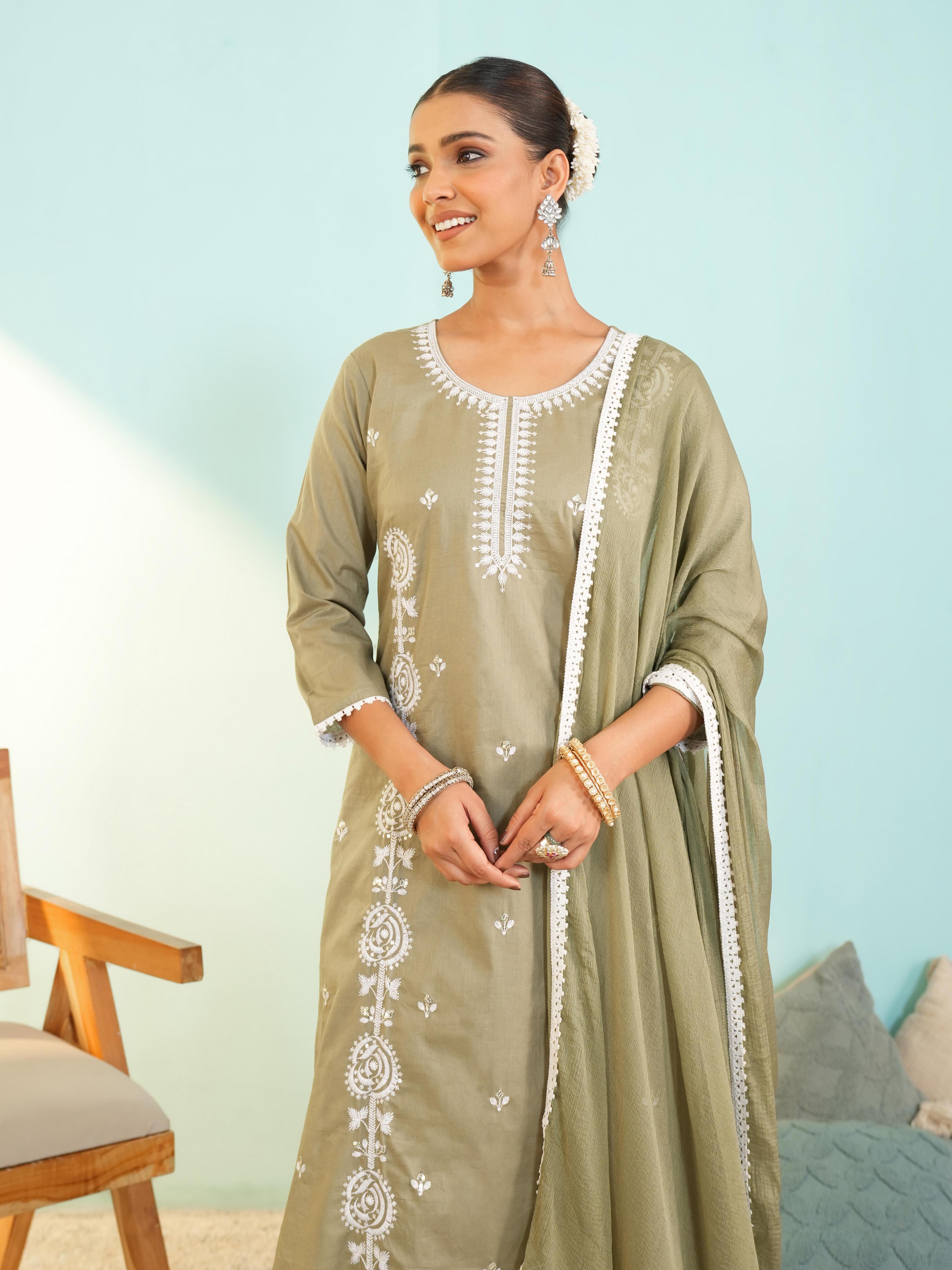 Dusty Pista Green Cotton Embroidered Kurta Set
