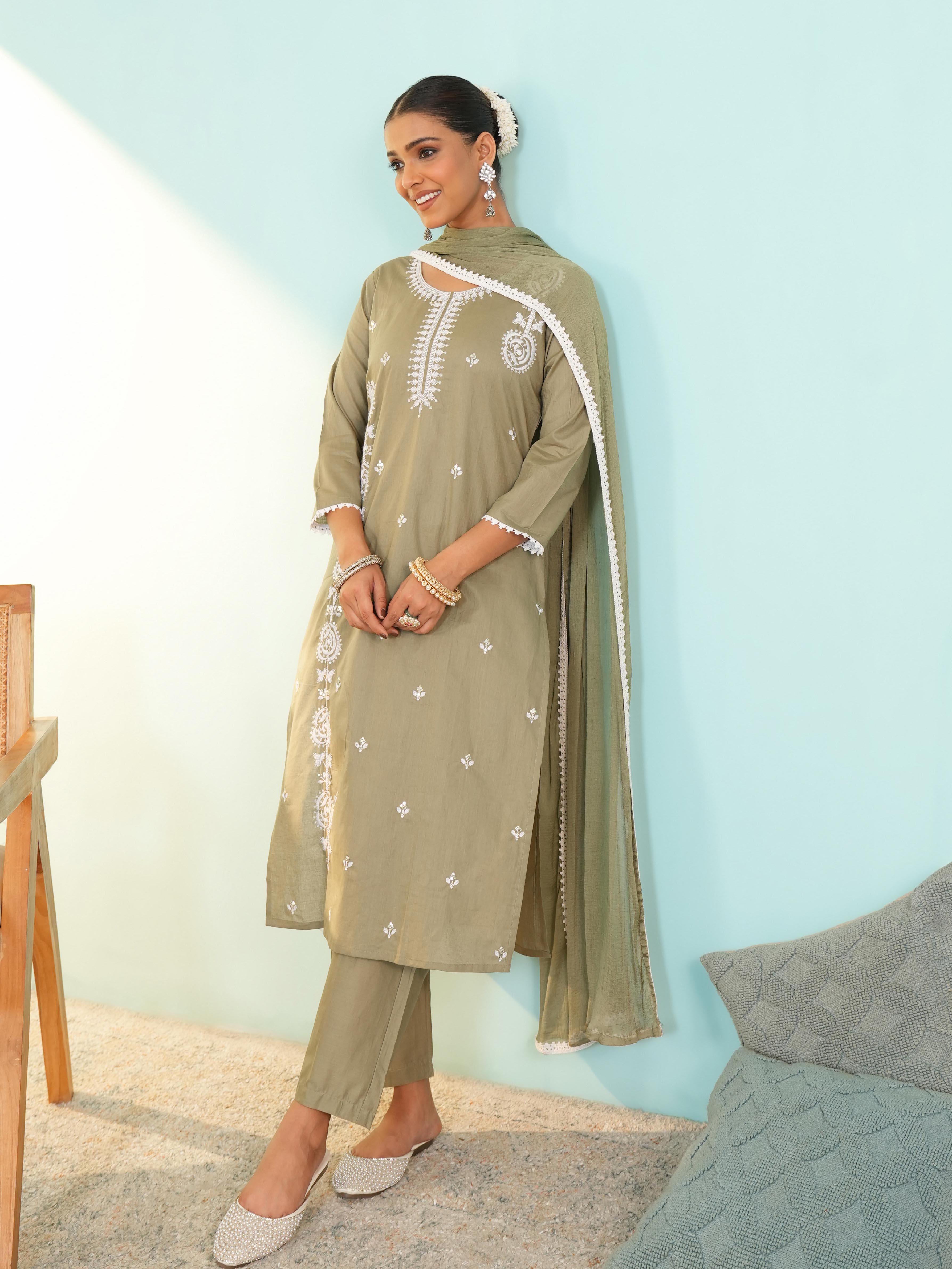 Dusty Pista Green Cotton Embroidered Kurta Set